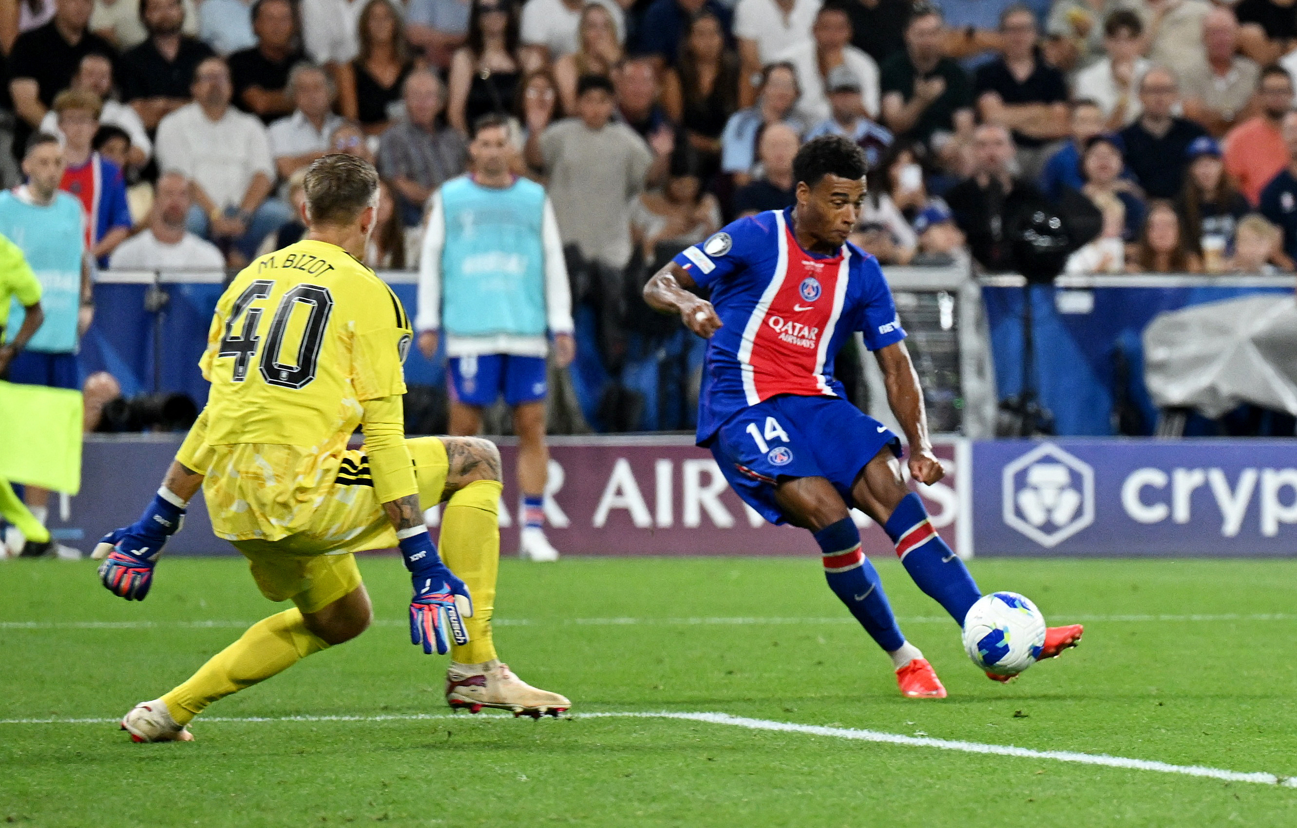 Paris St Germain's Desire Doue scores their second goal past Aston Villa's Marco Bizot
