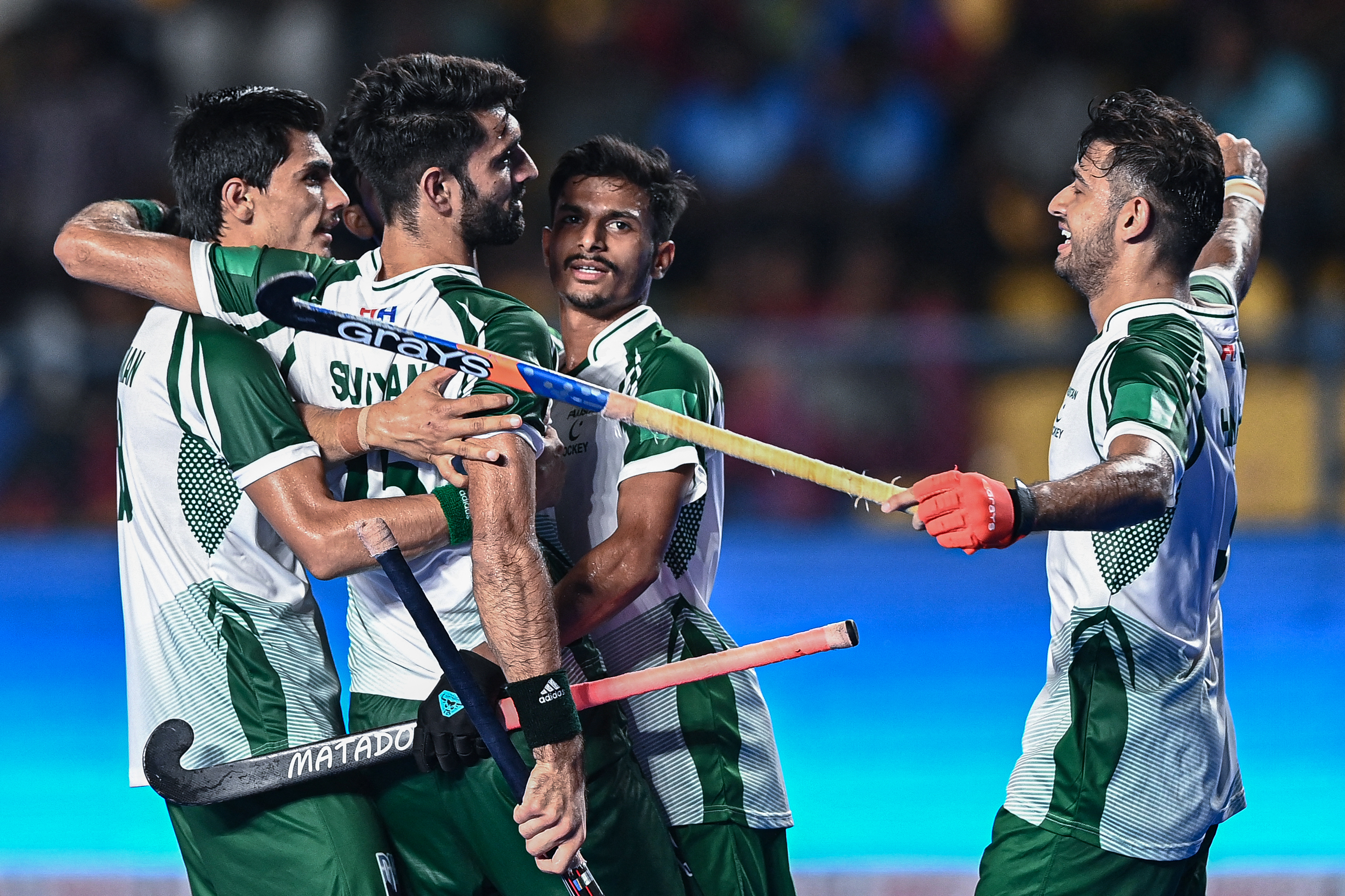 Pakistan's players celebrate after scoring a goal during the Asian Champions Trophy 2023 hockey tournament match between Pakistan and China at the Mayor Radhakrishnan Hockey Stadium in Chennai on August 7, 2023. (Photo by R. Satish BABU / AFP)