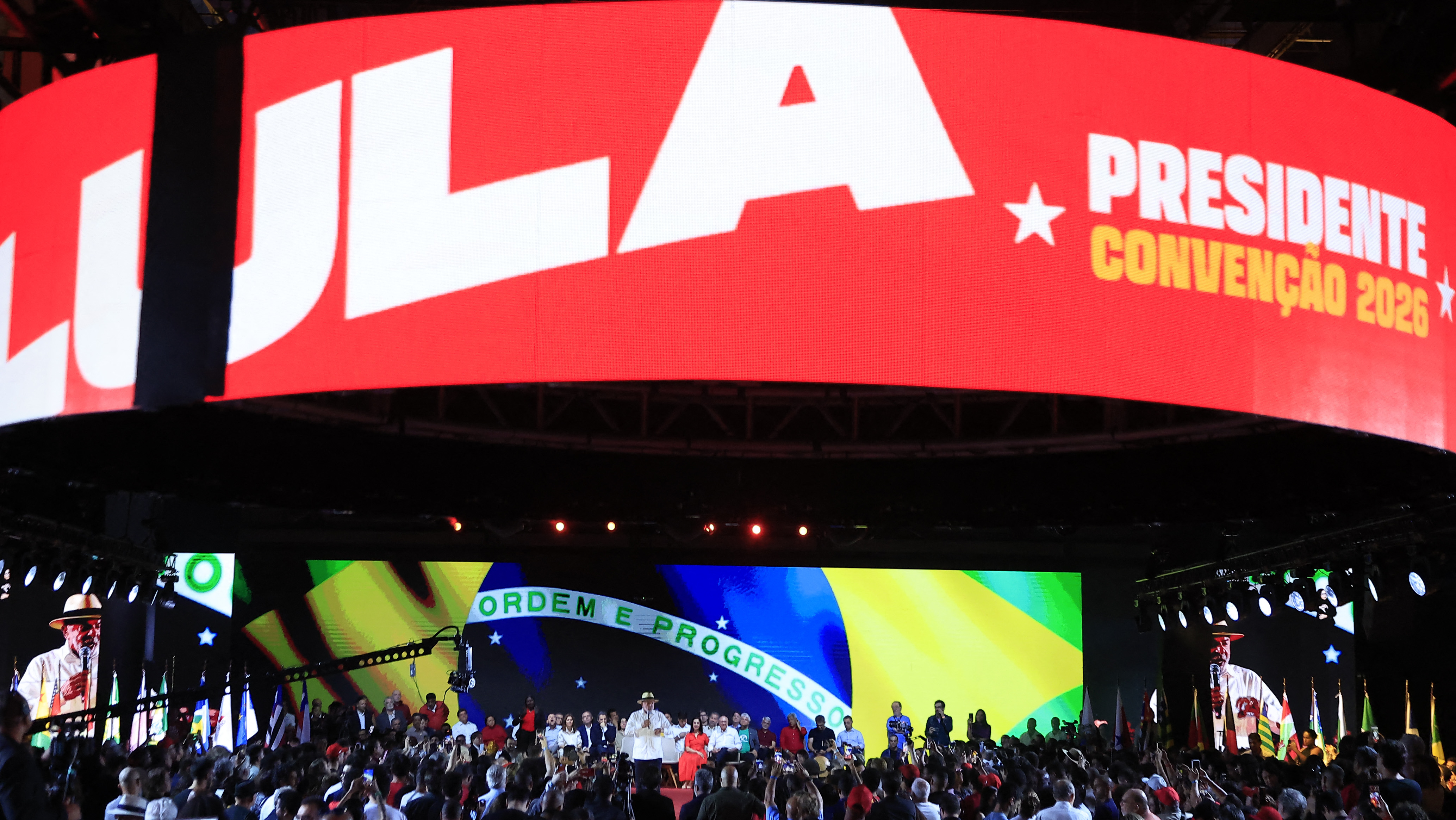 Brazil's President Luiz Inacio Lula da Silva speaks during the Workers' Party (PT) national convention in Sao Paulo, Brazil, on August 2, 2026, where he formally announces his bid for re-election. At 80, President Lula on July 2 launches his bid for re-election, casting himself as a defender of Brazil's "sovereignty" as pressure from President Donald Trump's administration casts a shadow over the campaign. (Photo by Miguel SCHINCARIOL / AFP)