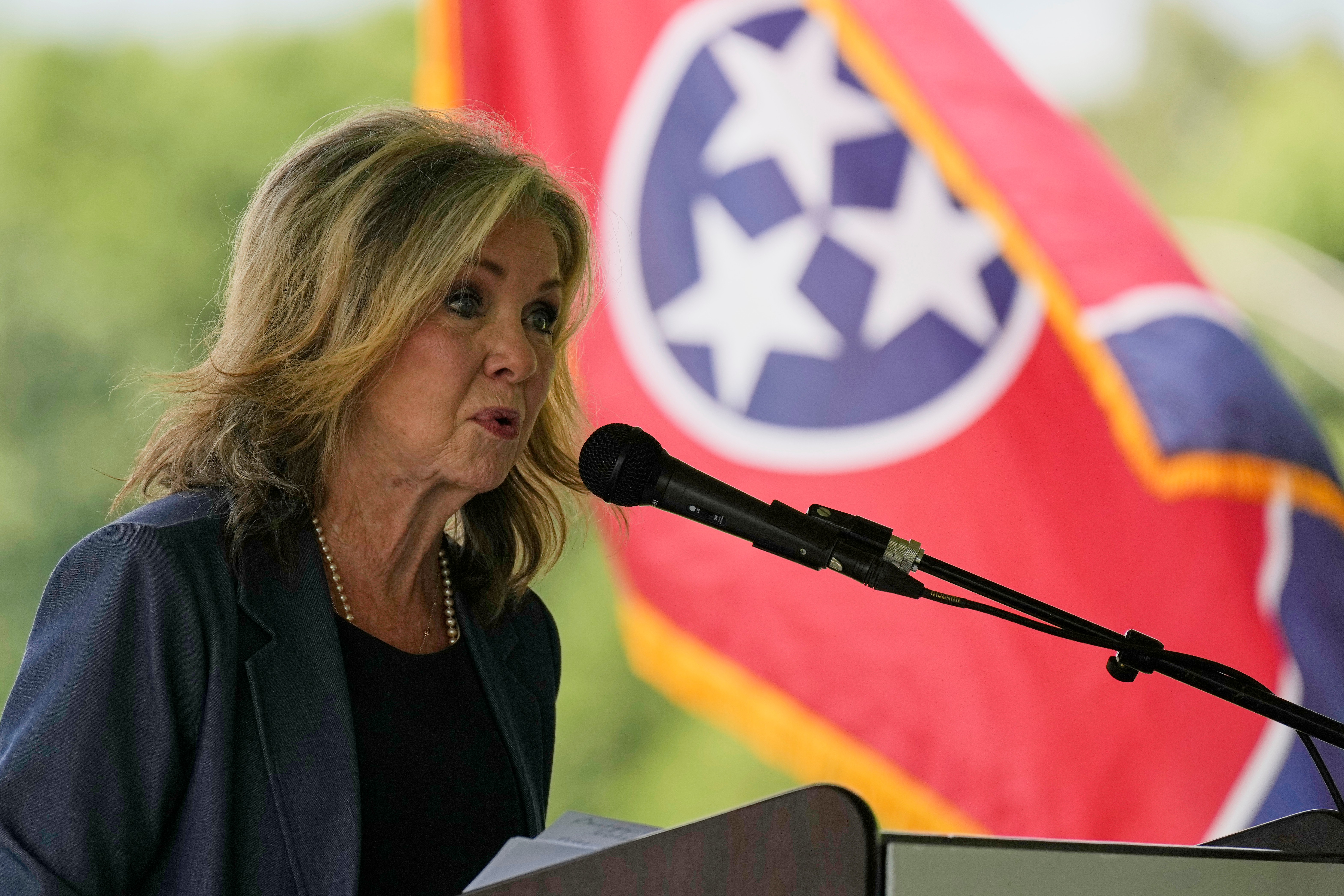 US Senator Marsha Blackburn speaks in Dandridge, Tennessee