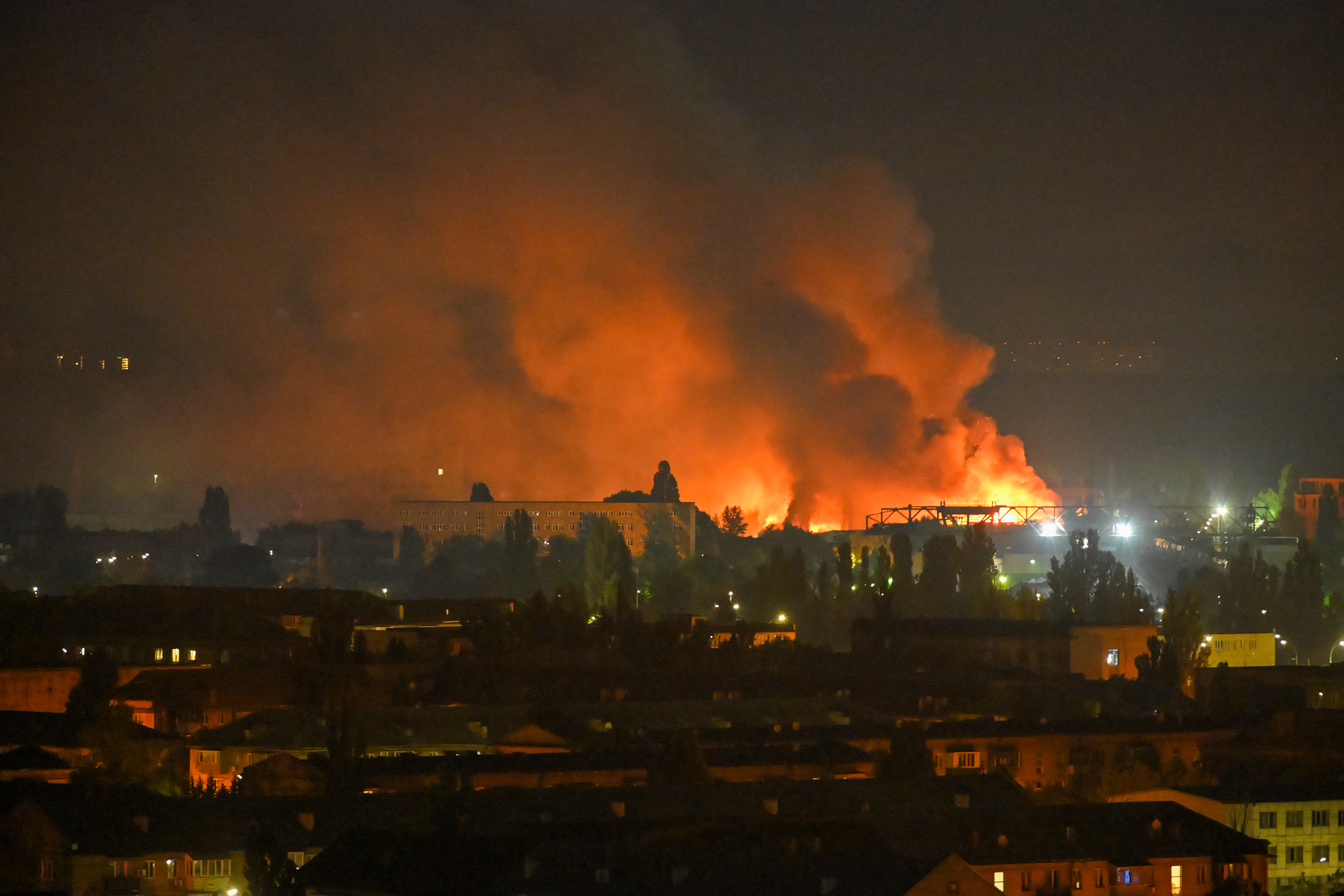 A large fire in the distance in Kyiv