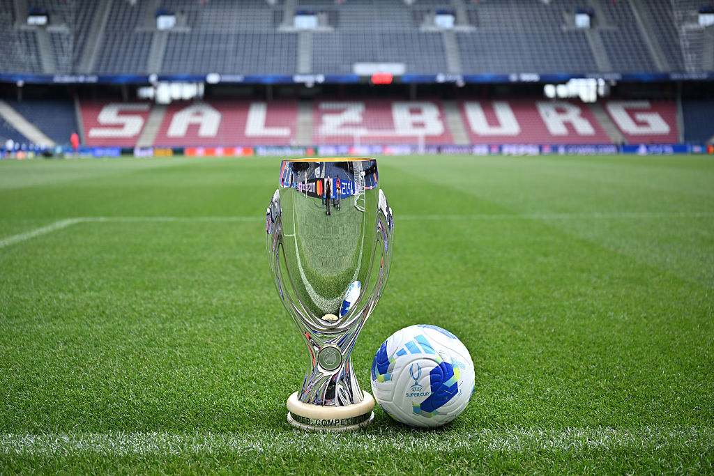 The UEFA Super Cup Trophy and the Adidas Official Match Ball are seen prior to the UEFA Super Cup 2026 match between Paris Saint-Germain and Aston Villa at Stadion Salzburg