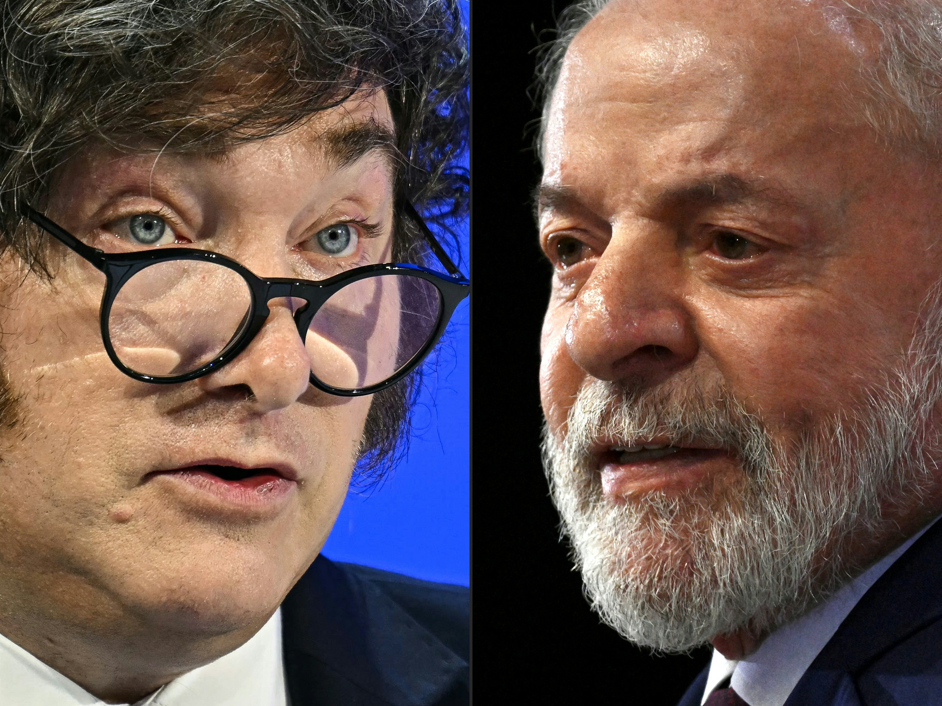 (COMBO) This combination of pictures created on August 02, 2026 shows Argentina’s President Javier Milei speaking during the World Economic Forum (WEF) annual meeting in Davos on January 21, 2026, and Brazil's President Luiz Inacio Lula da Silva speaking during an event to highlight accomplishments in the first two years in office in Brasilia on April 3, 2025.
