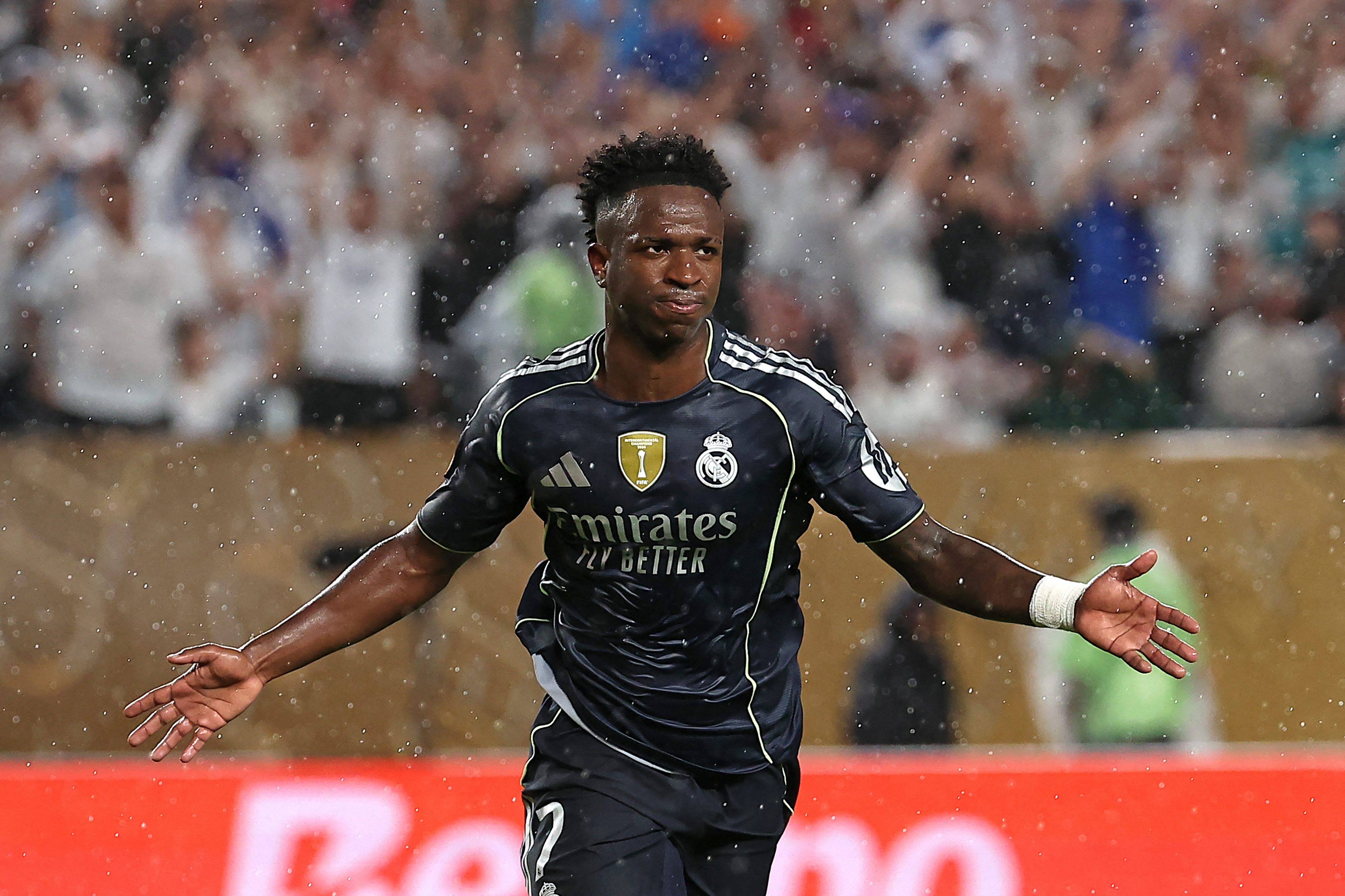 (FILES) Real Madrid's Brazilian forward #07 Vinicius Junior celebrates scoring his team's first goal during the FIFA Club World Cup 2025 Group H football match between Austria's FC Salzburg and Spain's Real Madrid at Lincoln Financial Field Stadium in Philadelphia on June 26, 2025.