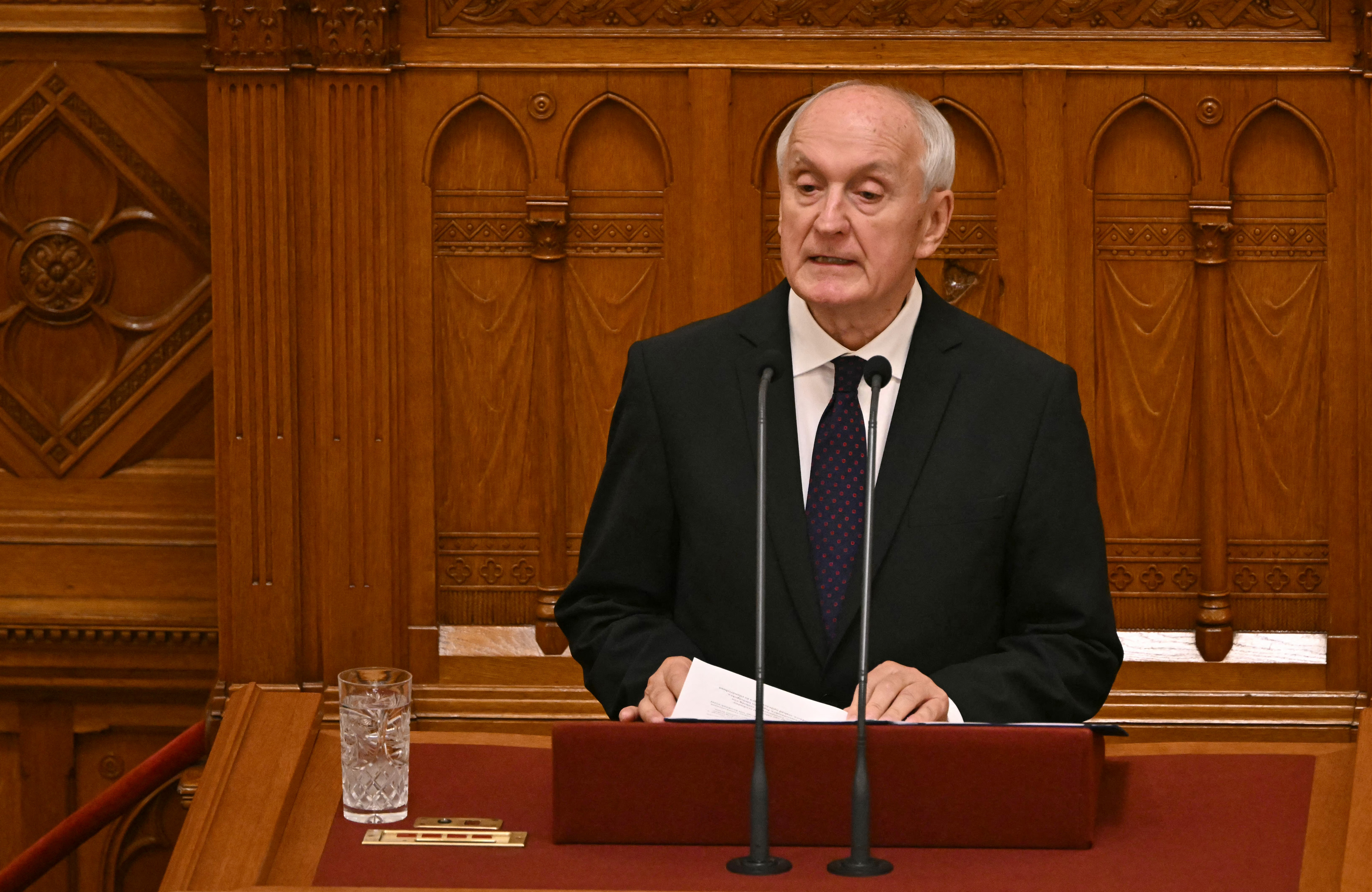 Hungary's newly elected President Andras Baka gives a speech to the nation at the parliament in Budapest on August 11, 2026.