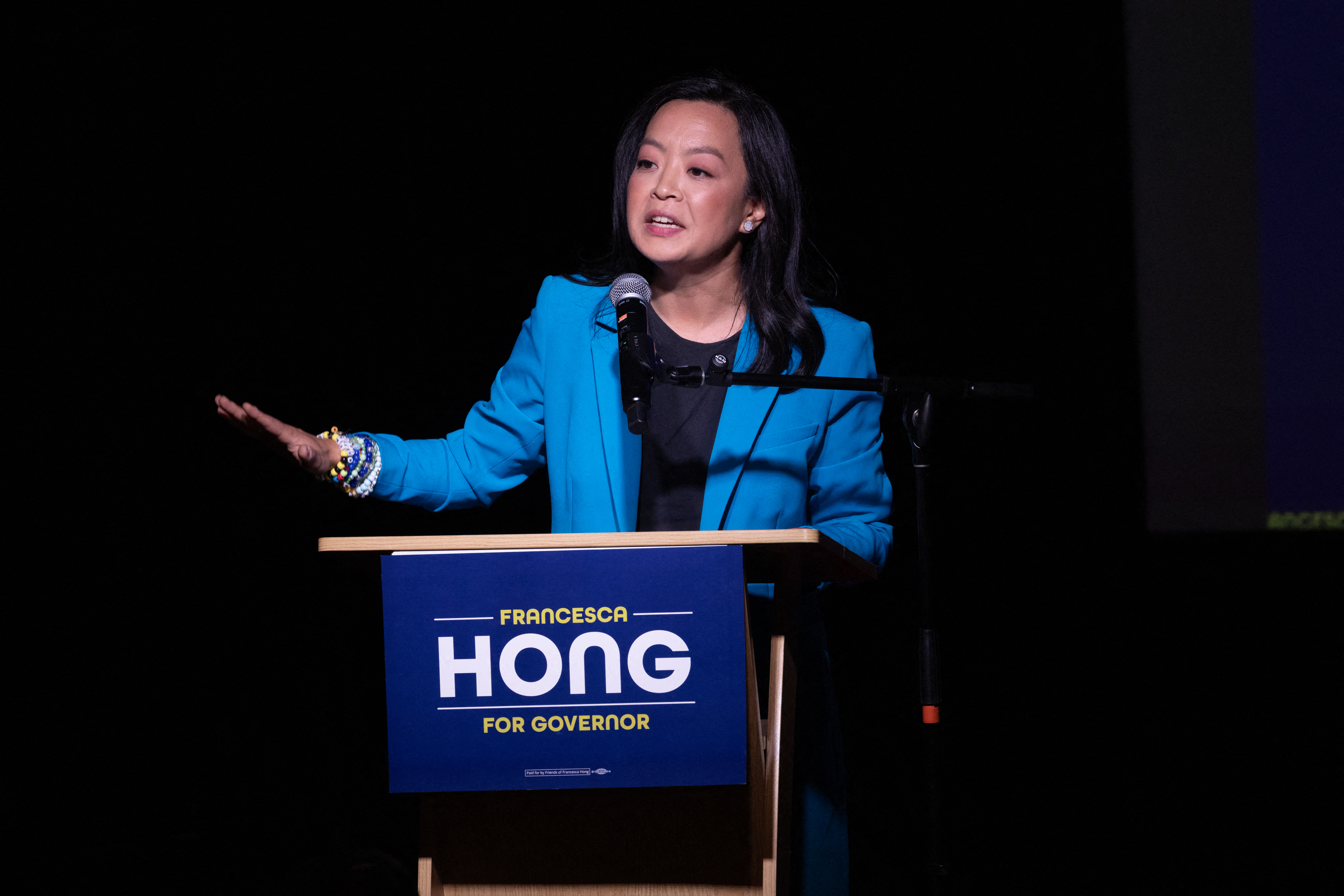 MADISON, WISCONSIN - AUGUST 11: Wisconsin Democratic gubernatorial candidate Francesca Hong speaks to supporters during an election-night party on August 11, 2026 in Madison, Wisconsin. Recent polling had Hong with a substantial lead over her nearest Democratic rival David Crowley, but returns have shown a tight race throughout the evening with the two candidates trading slight leads. Scott Olson/Getty Images/AFP (Photo by SCOTT OLSON / GETTY IMAGES NORTH AMERICA / Getty Images via AFP)