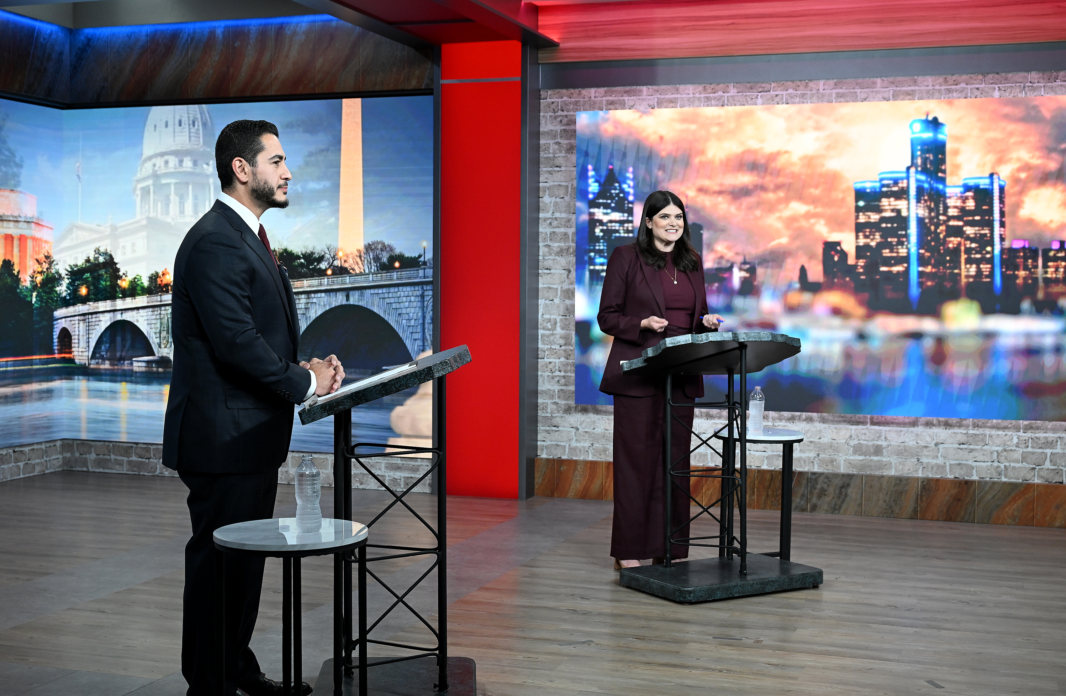 U.S. Senate candidates Abdul El-Sayed, left, and U.S. Rep. Haley Stevens participate in a televised debate moderated by Roop Raj, Monday, July 27, 2026, in Southfield, Mich. (Robin Buckson/Detroit News via AP, Pool) Corrects name from Abdul Al-Sayed to Abdul El-Sayed.