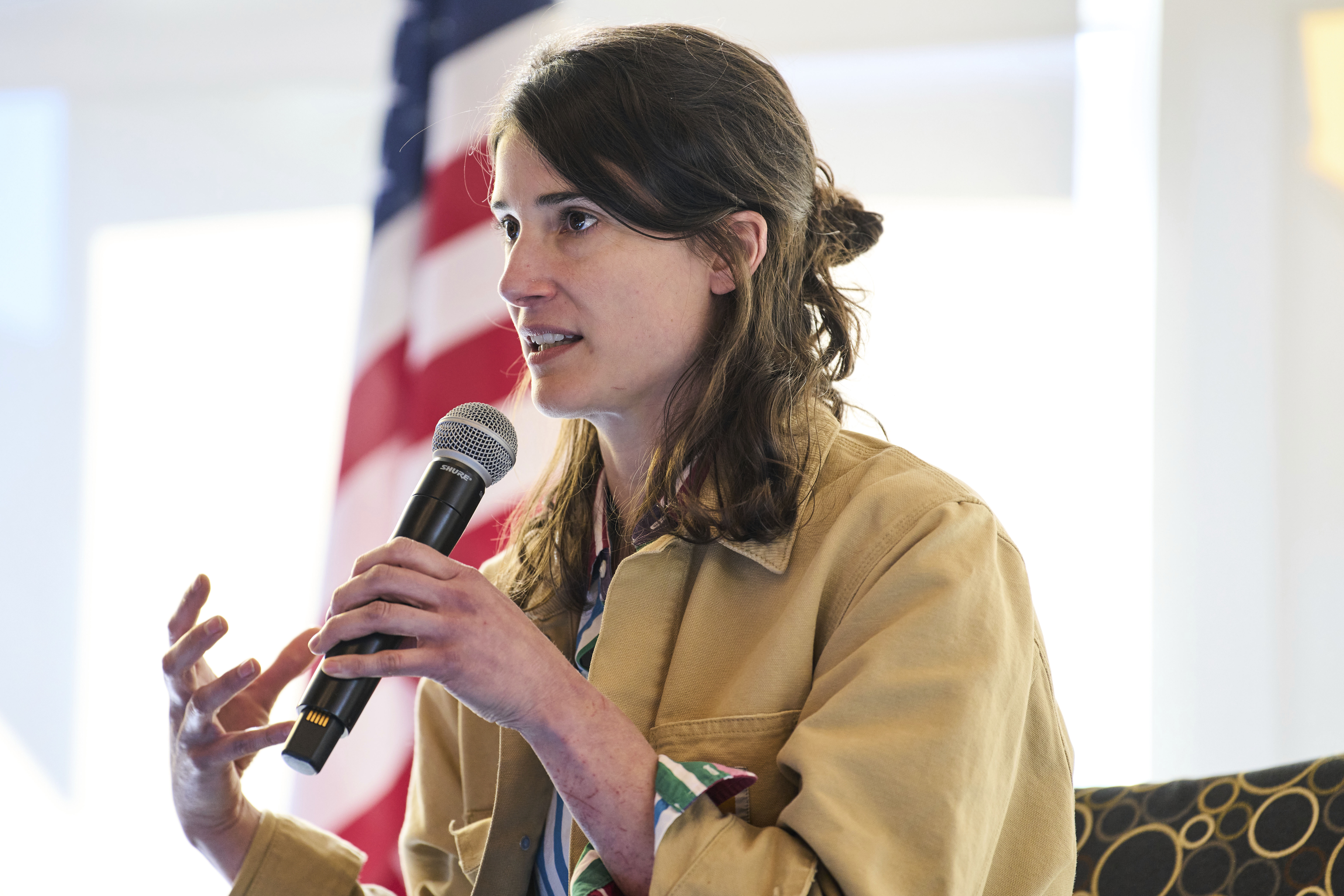 Rep. Marie Gluesenkamp Perez, D-Wash., speaks during a town hall event at Centralia College, Tuesday, April 22, 2025, in Centralia, Wash. (AP Photo/Lindsey Wasson)