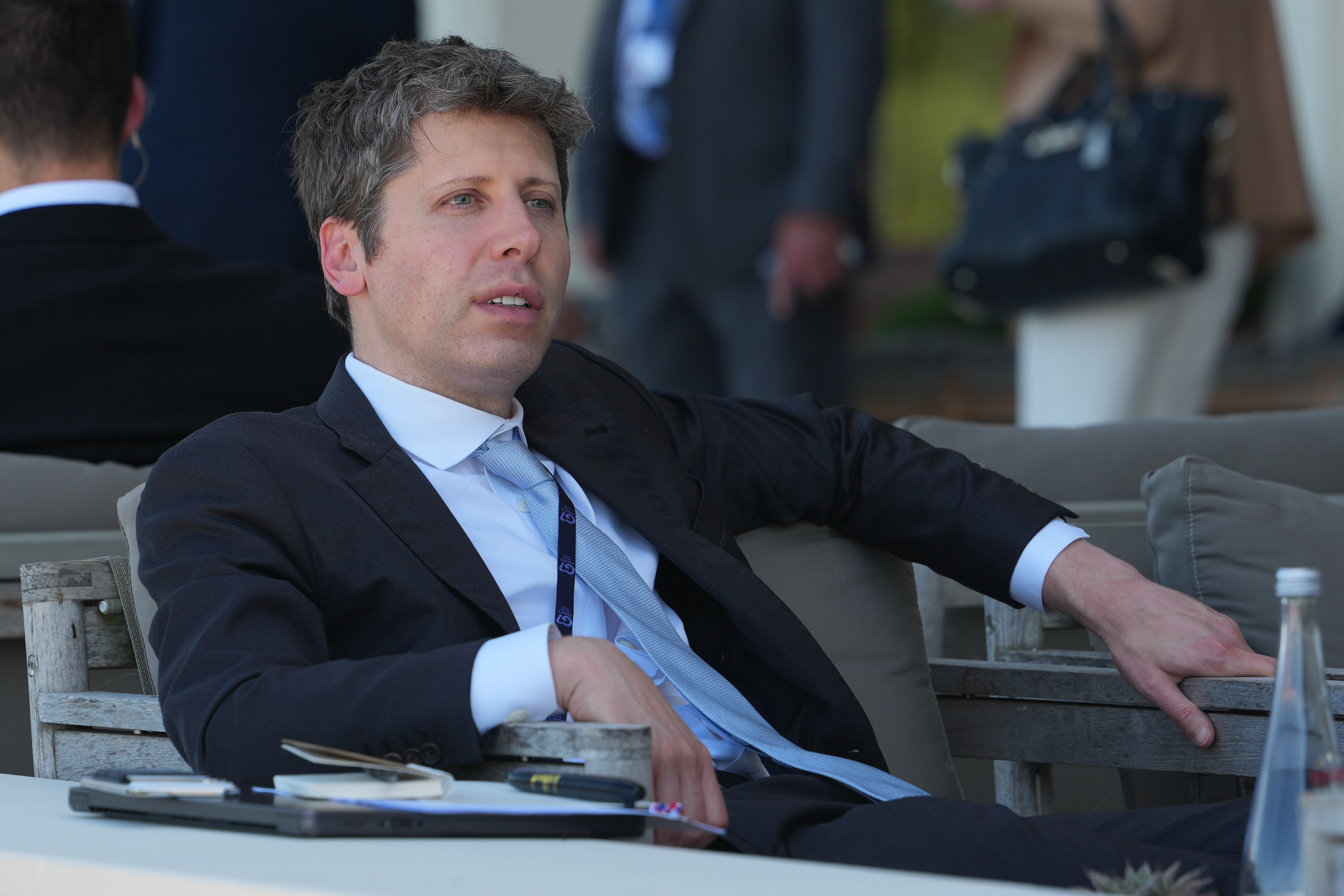 FILE - CEO of OpenAI Sam Altman talks to CEO of Google DeepMind Demis Hassabis, not seen, on the sidelines of the G7 summit, Wednesday, June 17, 2026, in Evian-les-Bains, France. (AP Photo/Julia Demaree Nikhinson,File)