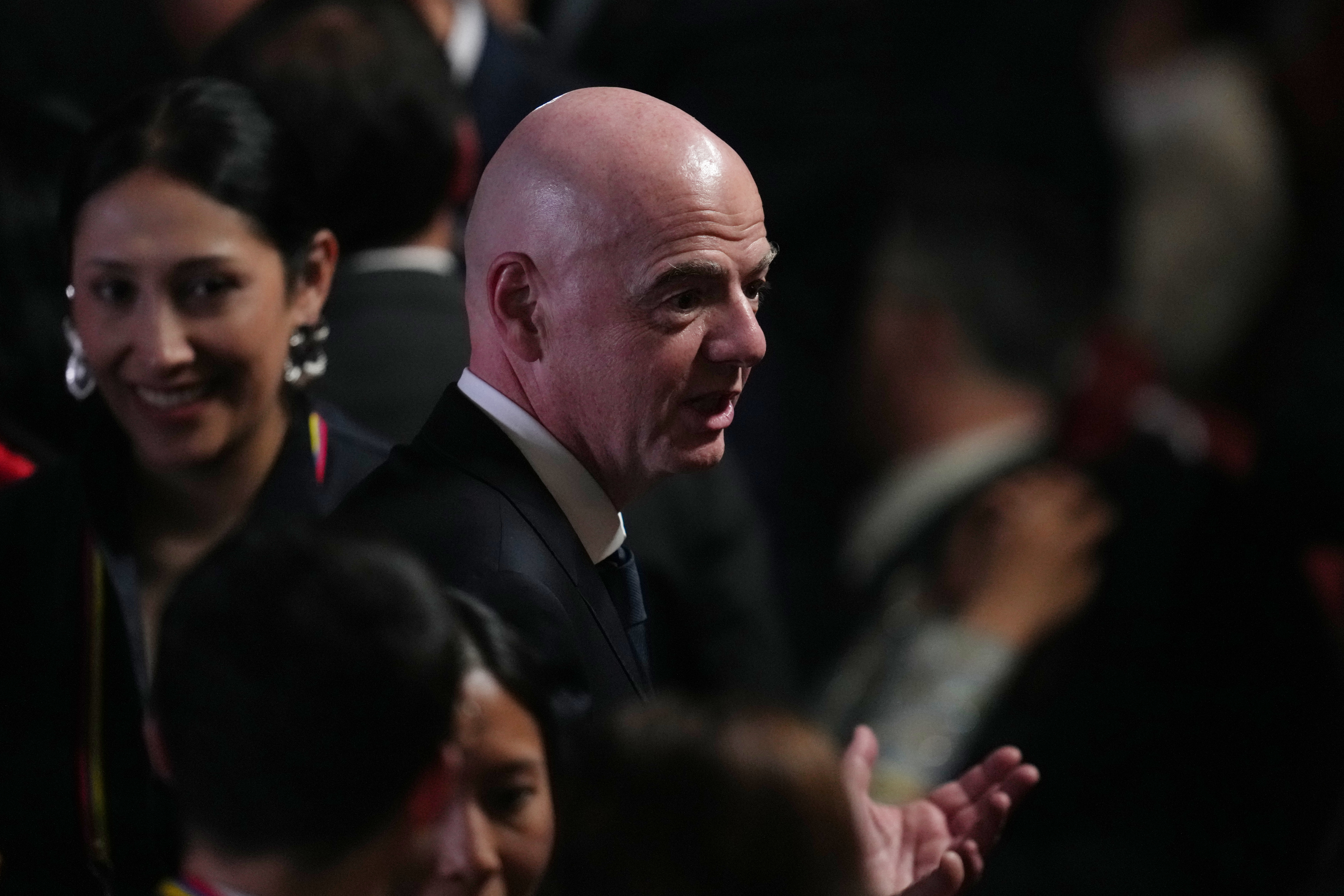 FIFA President Gianni Infantino arrives for the inauguration of President Abelardo de la Espriella in Cali, Colombia, Friday, Aug. 7, 2026. (AP Photo/Matias Delacroix)