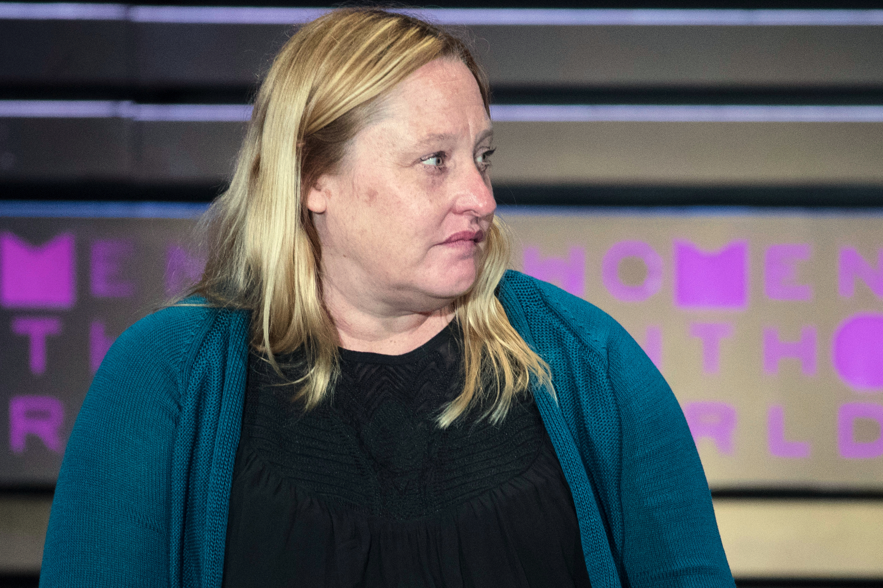 FILE - Heidi Beirich, of the Southern Poverty Law Center, speaks during the Women in the World Summit at Lincoln Center in New York, April 6, 2017. (AP Photo/Mary Altaffer, File)