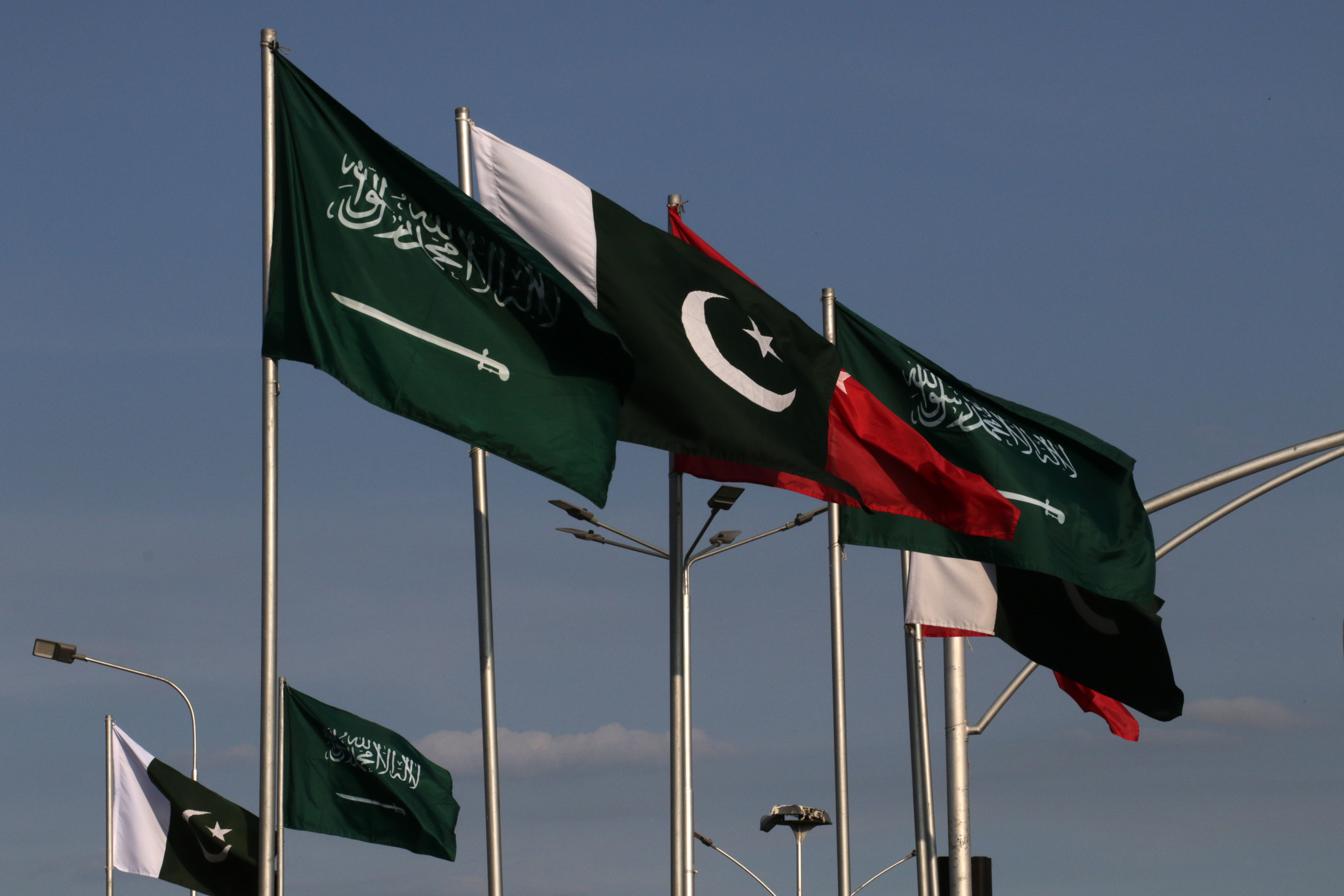 epa13157124 National flags of Pakistan, Saudi Arabia and Turkey are displayed outside the parliament house in Islamabad, Pakistan, 08 August 2026. Pakistan, Saudi Arabia, and Turkey signed a joint defense agreement during the Makkah Al-Mukarramah Summit for Joint Defense at Al-Safa Palace in Makkah, Saudi Arabia, on 07 August 2026. The pact stipulates that an armed attack against any one of the three countries will be regarded as an attack against all, strengthening collective deterrence and defense cooperation among the three states. EPA/SOHAIL SHAHZAD
