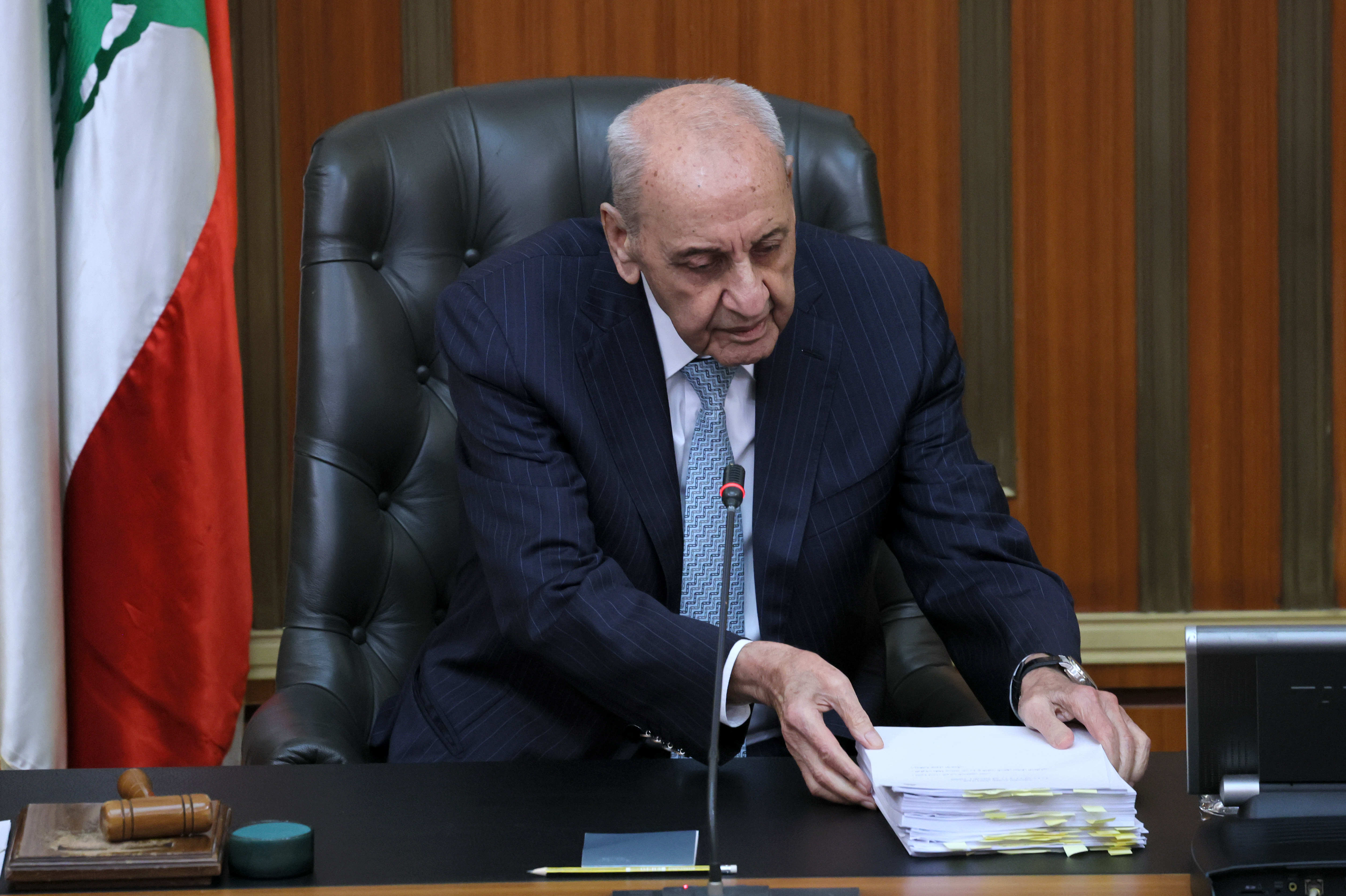 epa13161001 Lebanese Parliament Speaker Nabih Berri opens the parliamentary session to discuss a proposed general amnesty law, the abolition of the death penalty and the salaries of retired members of Lebanon’s security forces in Beirut, Lebanon, 11 August 2026. The session took place as retired military personnel protested outside the Lebanese Parliament, calling for the full implementation of six salary increases rather than distributing them in installments. EPA/WAEL HAMZEH