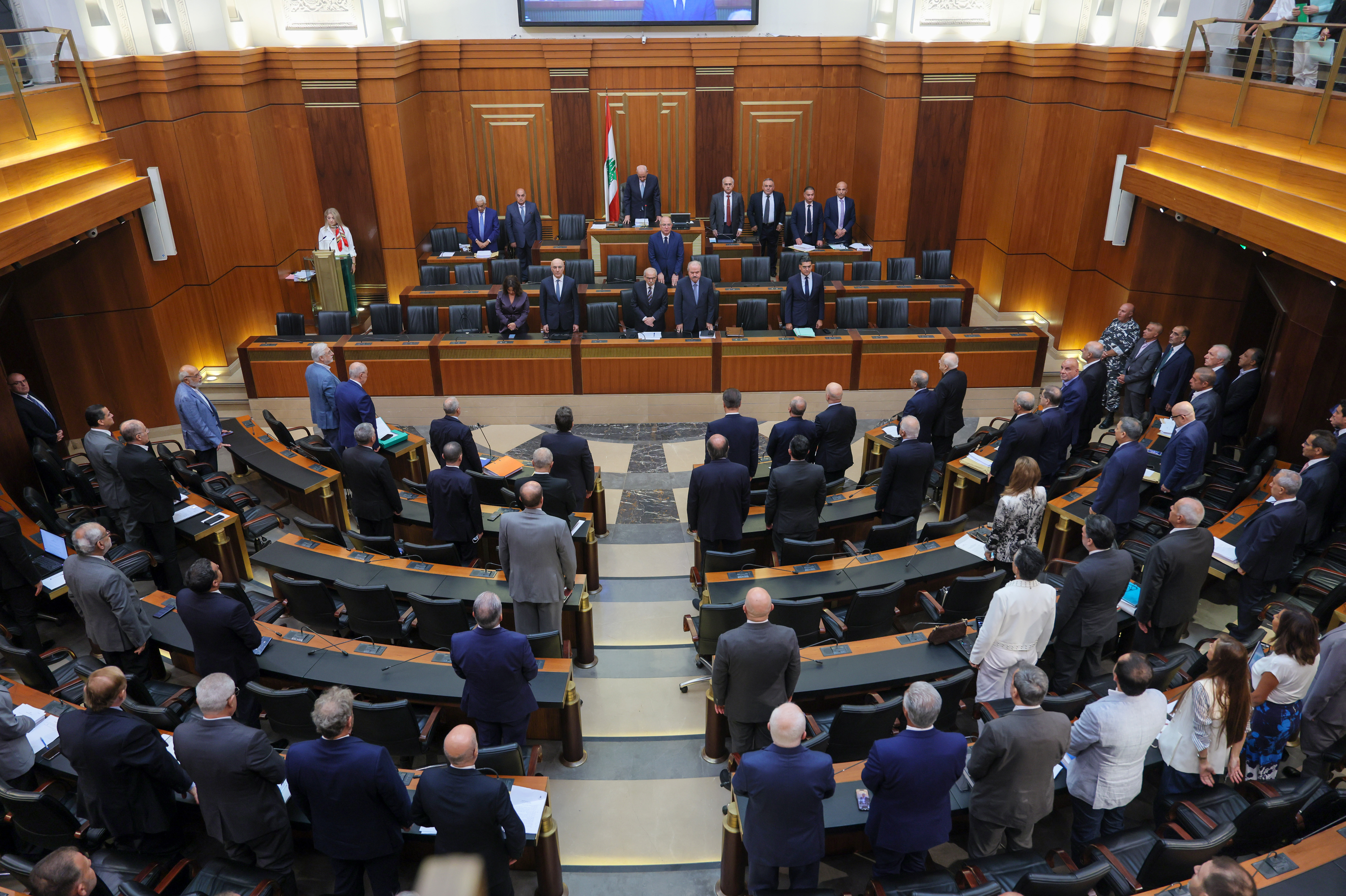 epa13161005 Lebanese lawmakers attend a parliamentary session to discuss a proposed general amnesty law, the abolition of the death penalty and the salaries of retired members of Lebanon’s security forces in Beirut, Lebanon, 11 August 2026. The session took place as retired military personnel protested outside the Lebanese Parliament, calling for the full implementation of six salary increases rather than distributing them in installments. EPA/WAEL HAMZEH
