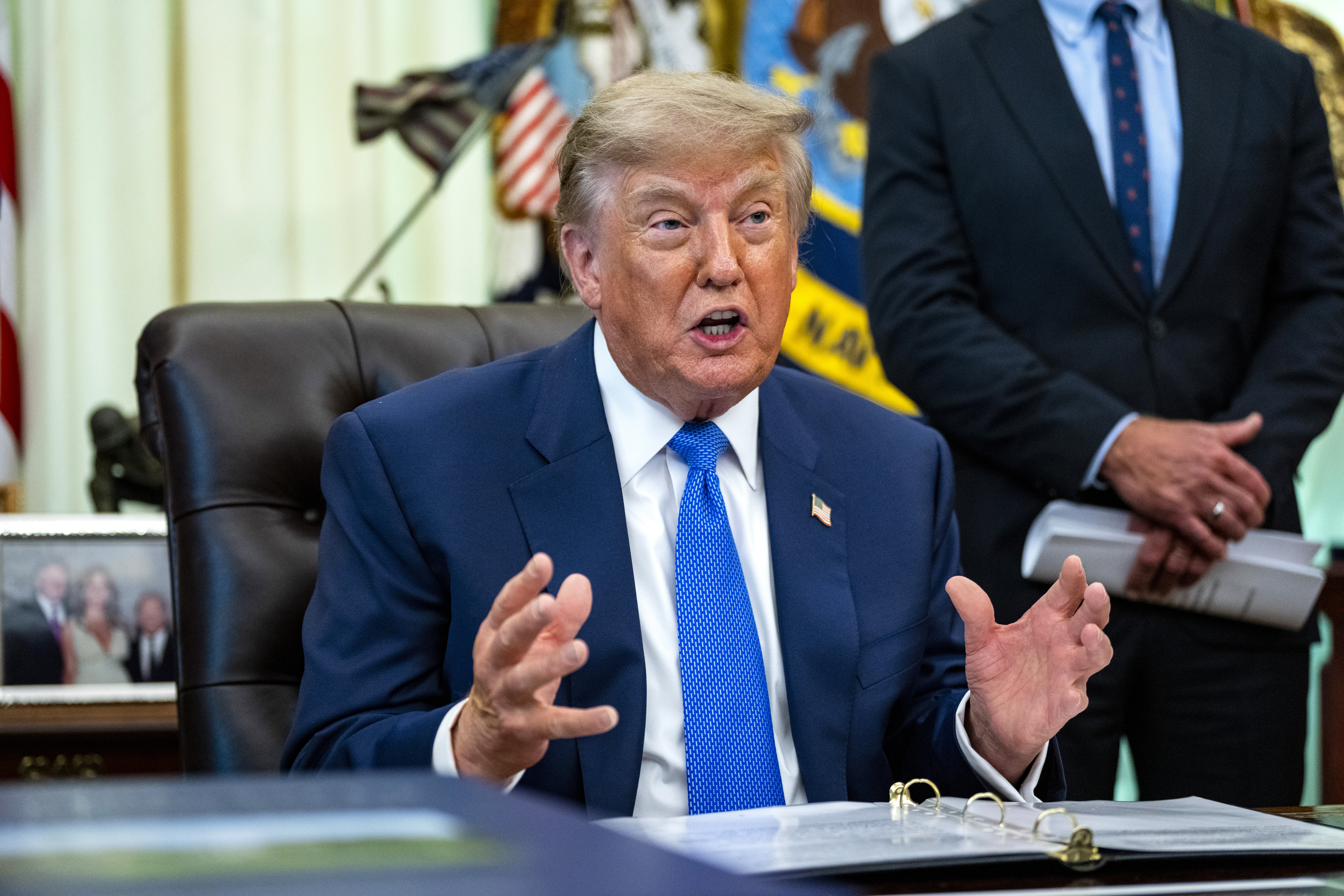 epa13160277 US President Donald Trump speaks during the signing of an executive order reviewing childhood vaccine recommendations in the Oval Office of the White House in Washington, DC, USA, 10 August 2026. The order maintains recommendations for vaccines against 11 diseases, including measles and polio, while calling for others, including hepatitis A, hepatitis B and meningococcal disease, to be limited to high-risk populations. EPA/BONNIE CASH / POOL