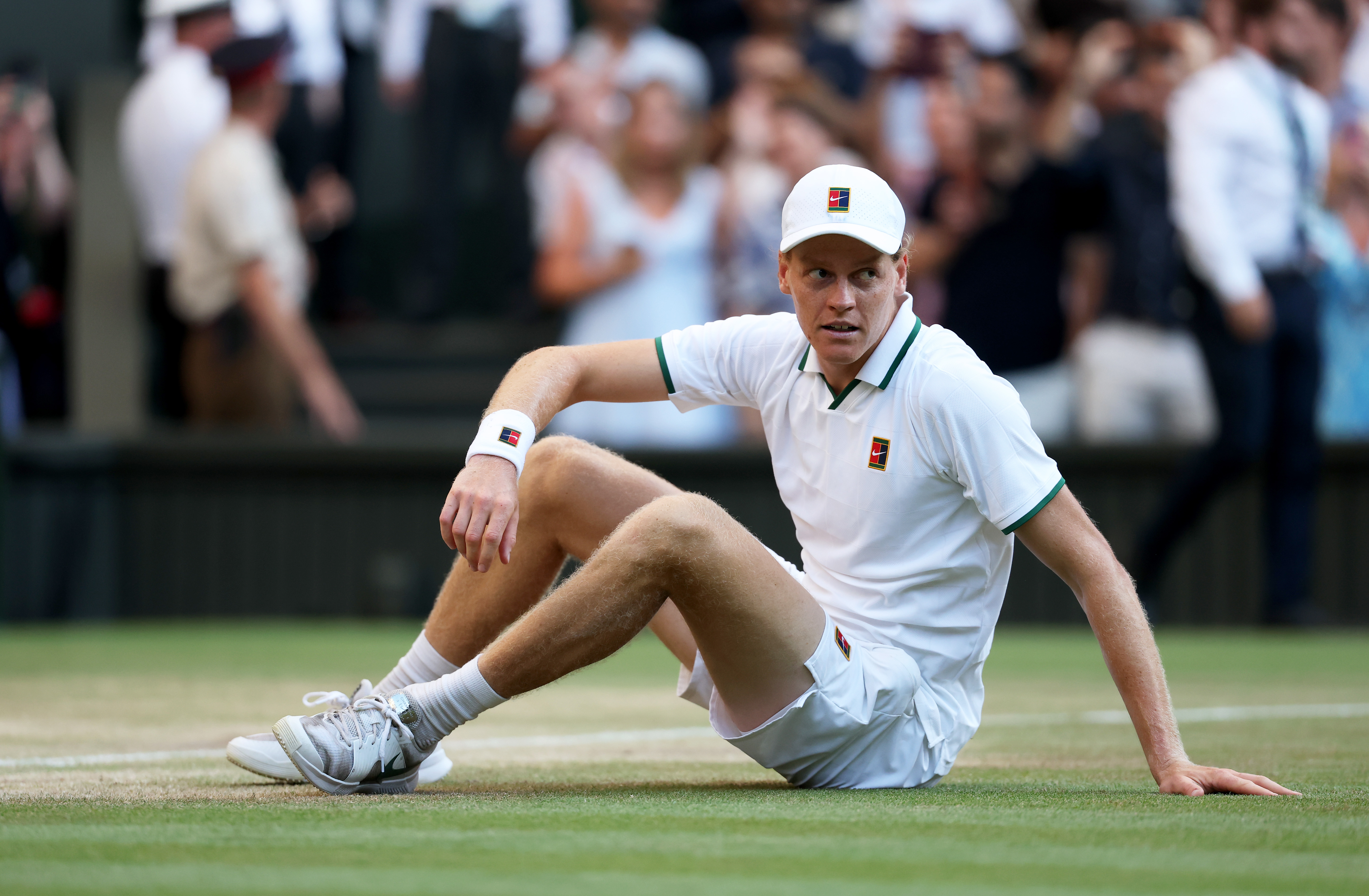 LONDON, ENGLAND - JULY 12: Jannik Sinner of Italy celebrates winning championship point against Alexander Zverev of Germany during their Gentlemen's Singles final match on day fourteen of The Championships Wimbledon 2026 at All England Lawn Tennis and Croquet Club on July 12, 2026 in London, England. (Photo by Clive Brunskill/Getty Images)