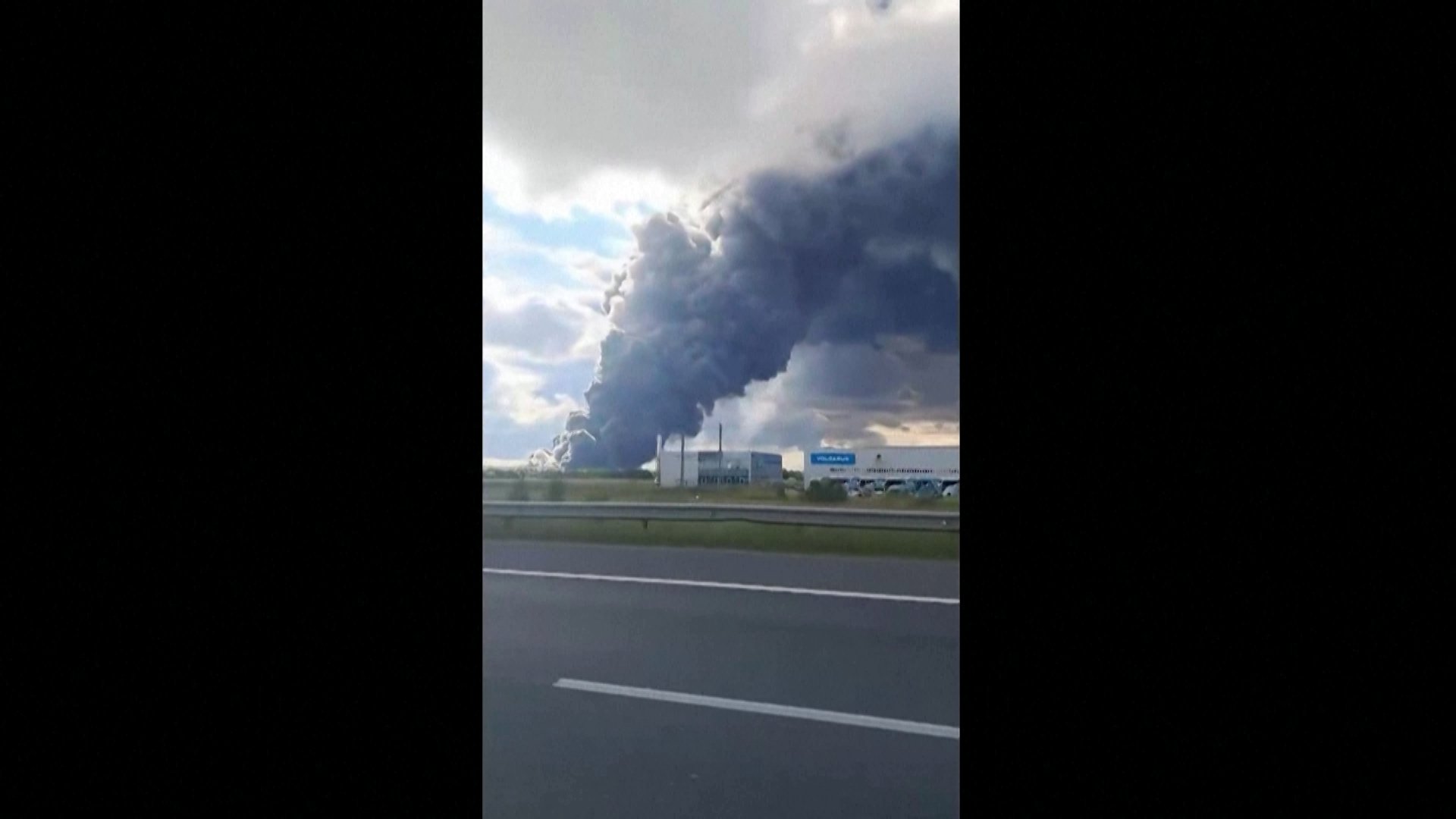 Smoke rises after a Ukrainian drone attack on a Wildberries warehouse, in Novosemeykino, Samara region, Russia, August 2, 2026, in this still image obtained from a video via REUTERS