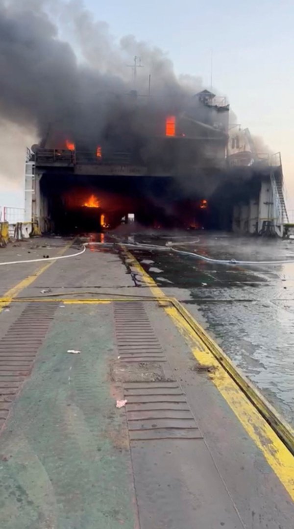 Smoke and flames rise from the Turkish cargo ship Nadezhda after a drone attack, August 3, 2026, in this screengrab obtained from a video. Video Obtained By Reuters/ via REUTERS