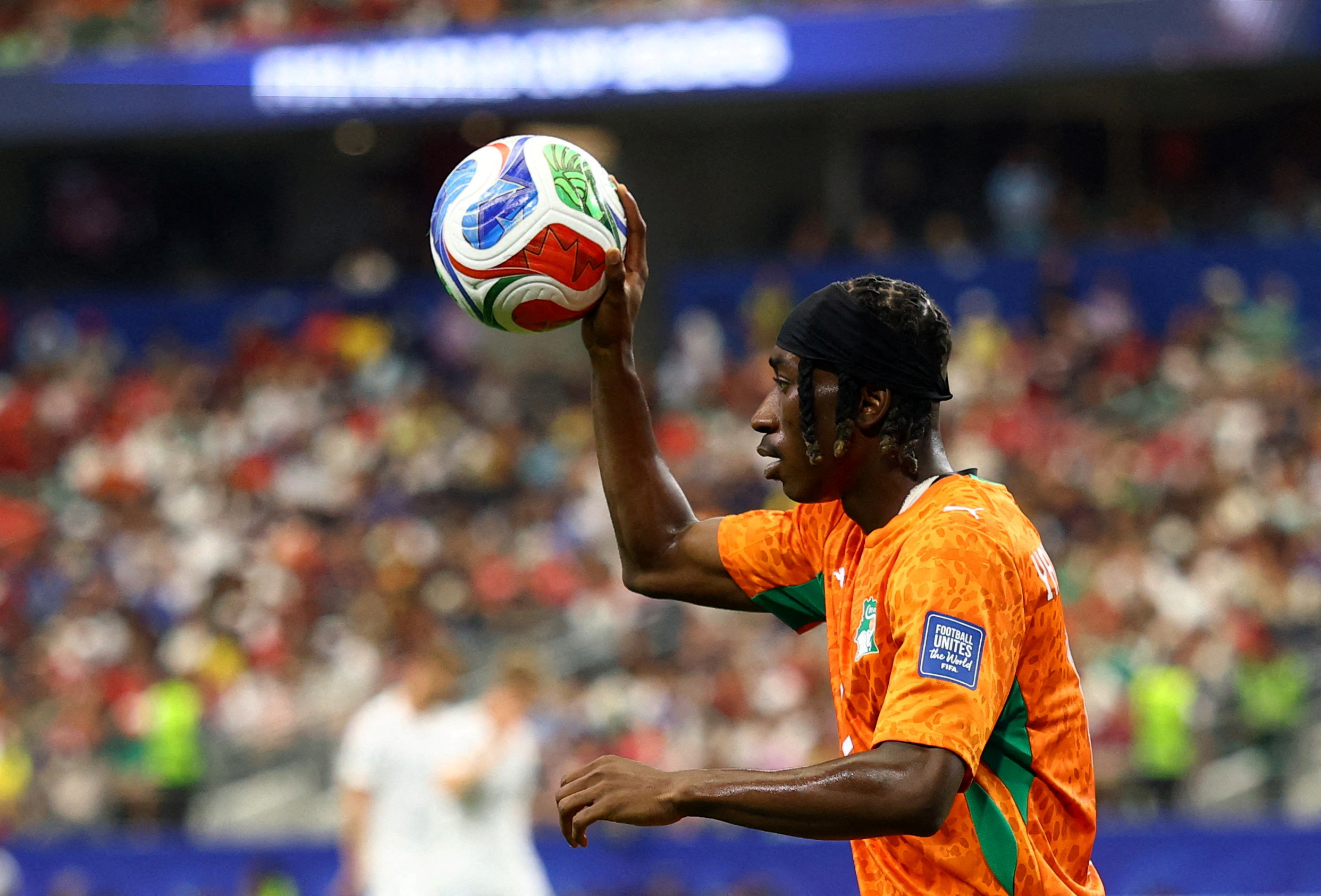 FILE PHOTO: Soccer Football - FIFA World Cup 2026 - Round of 32 - Ivory Coast v Norway - Dallas Stadium, Arlington, Texas, U.S. - June 30, 2026 Ivory Coast's Yan Diomande in action REUTERS/Hannah Mckay/File Photo