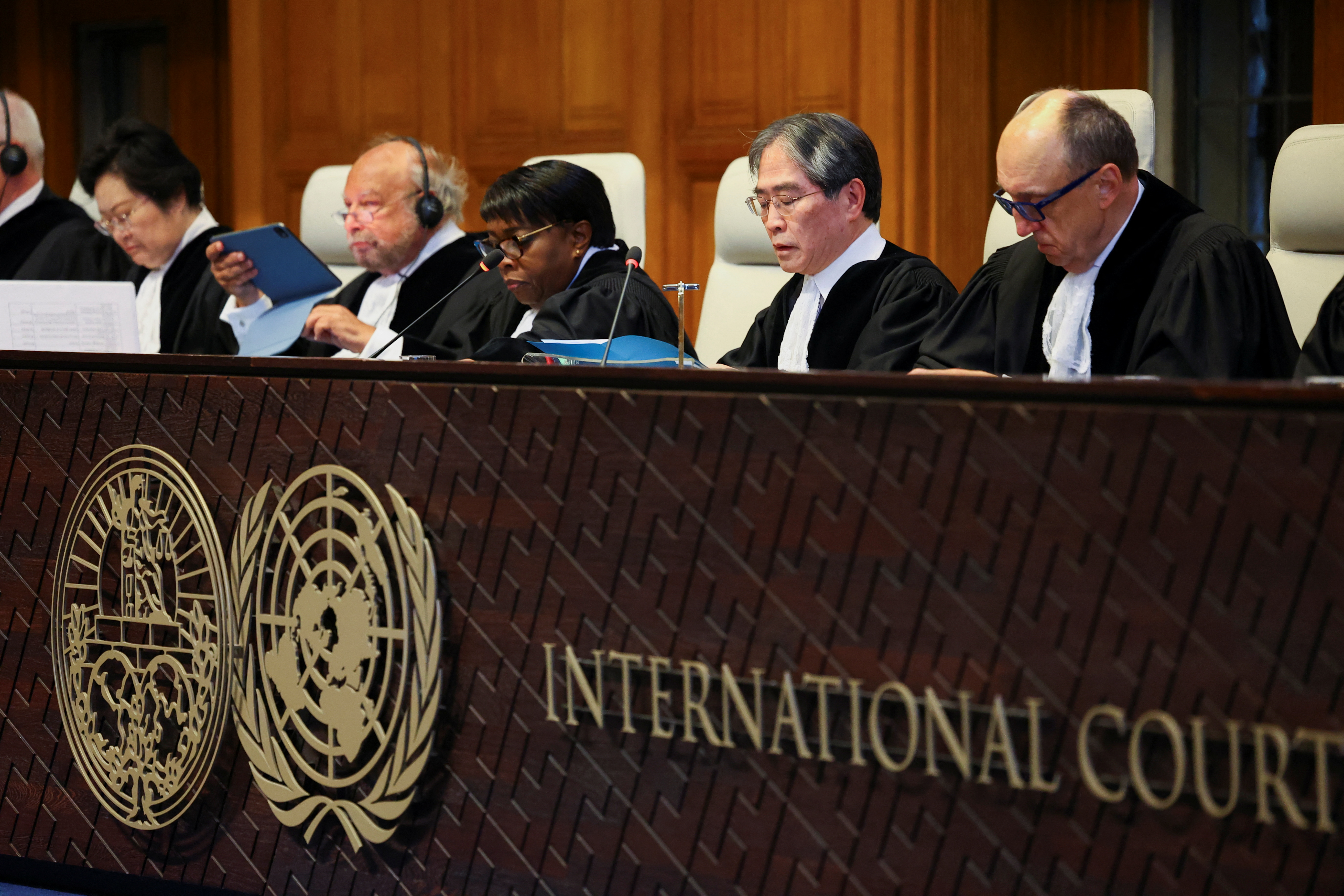 Judge Yuji Iwasawa, President of the International Court of Justice, attends a hearing at the International Court of Justice for a case brought by Sudan to the World Court demanding emergency measures against the UAE and accusing the Gulf state of violating obligations under the Genocide Convention by arming paramilitary forces, in The Hague, Netherlands, April 10, 2025. REUTERS/Piroschka van de Wouw