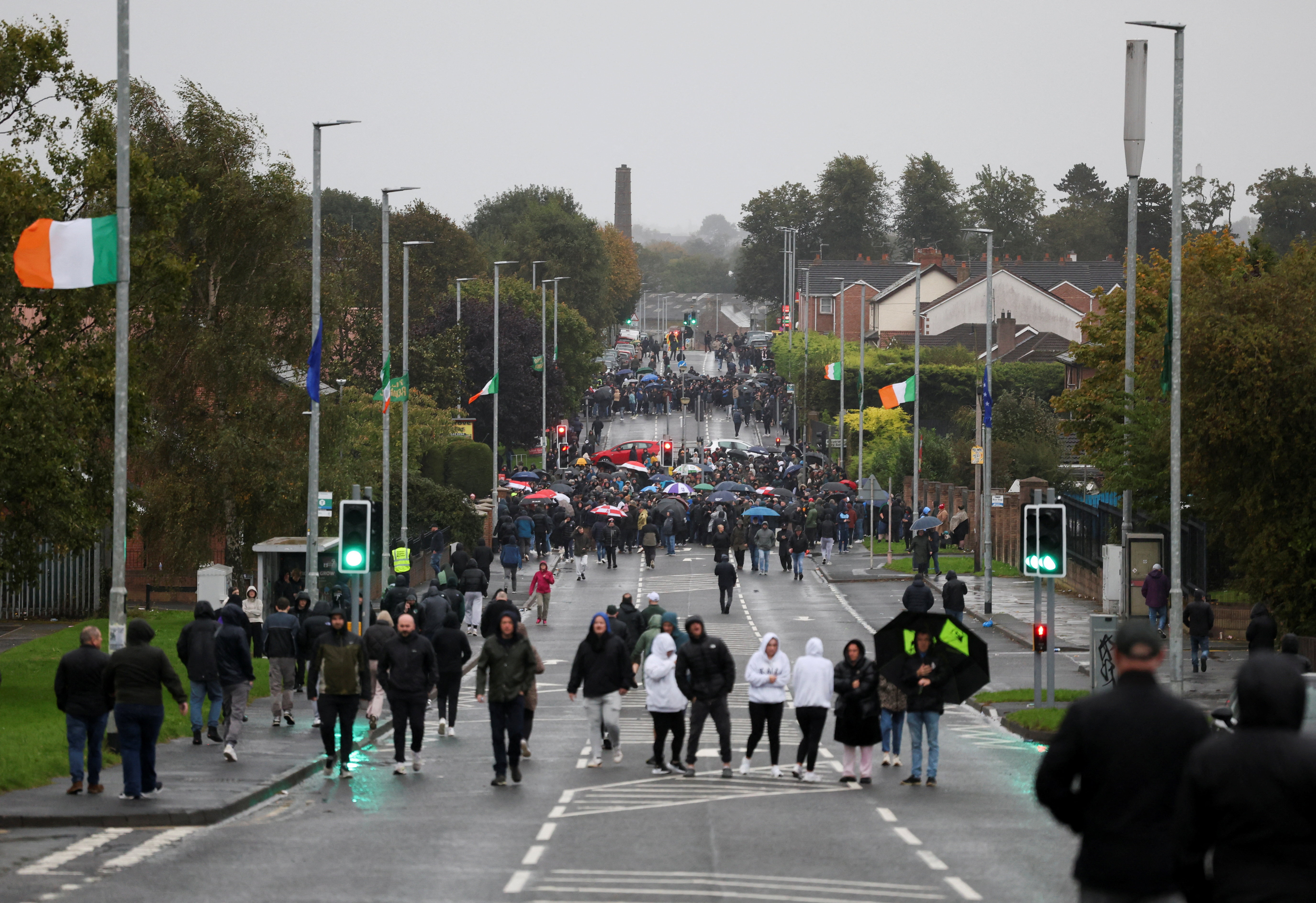People block the Garvaghy road, a Catholic area in the largely Protestant town of Portadown, on the day members of the Protestant Orange Order are expected to march through the area as they take part in the annual Drumcree parade, Northern Ireland, September 27, 2026
