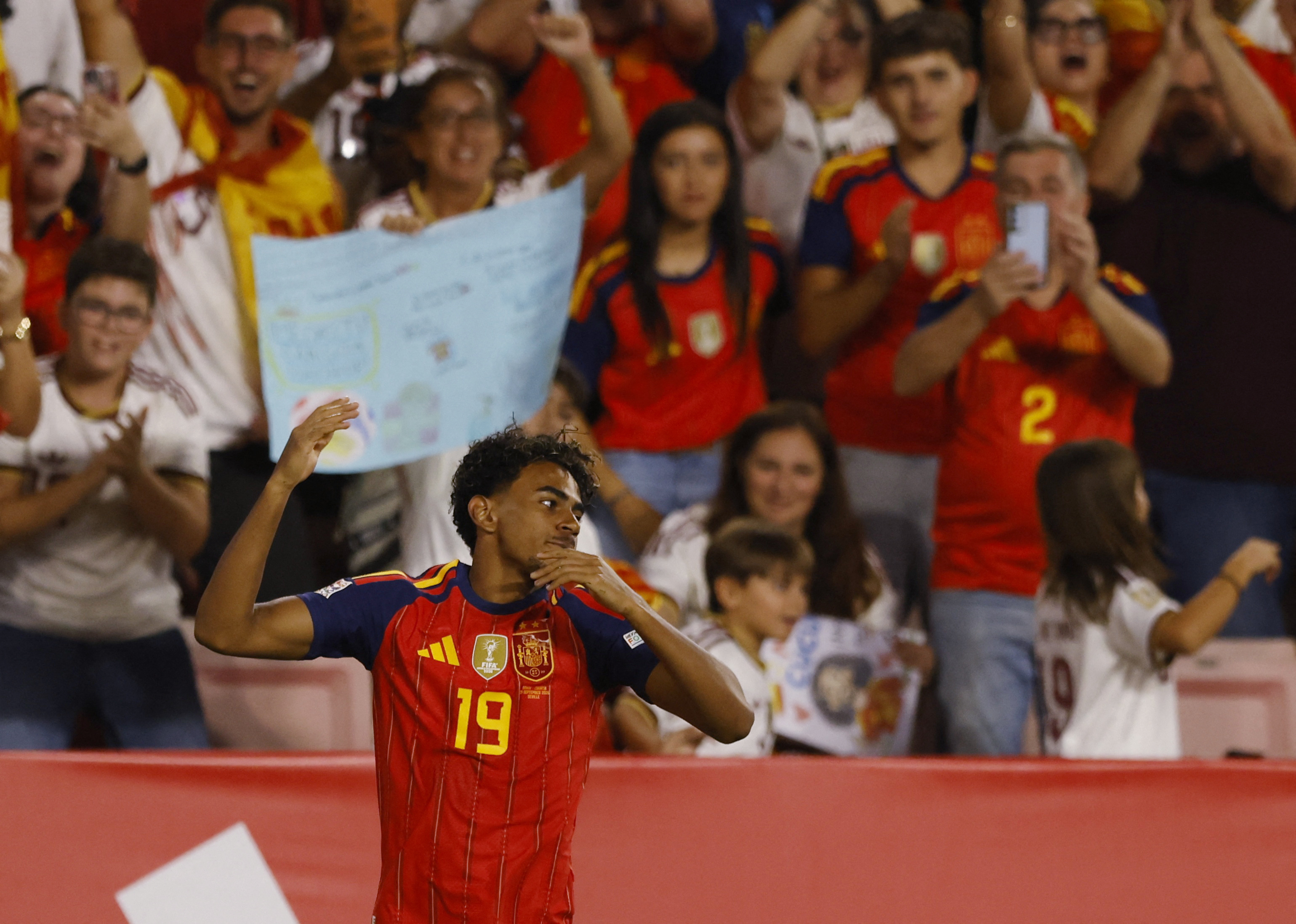 Spain's Lamine Yamal celebrates scoring their first goal REUTERS/Marcelo Del Pozo