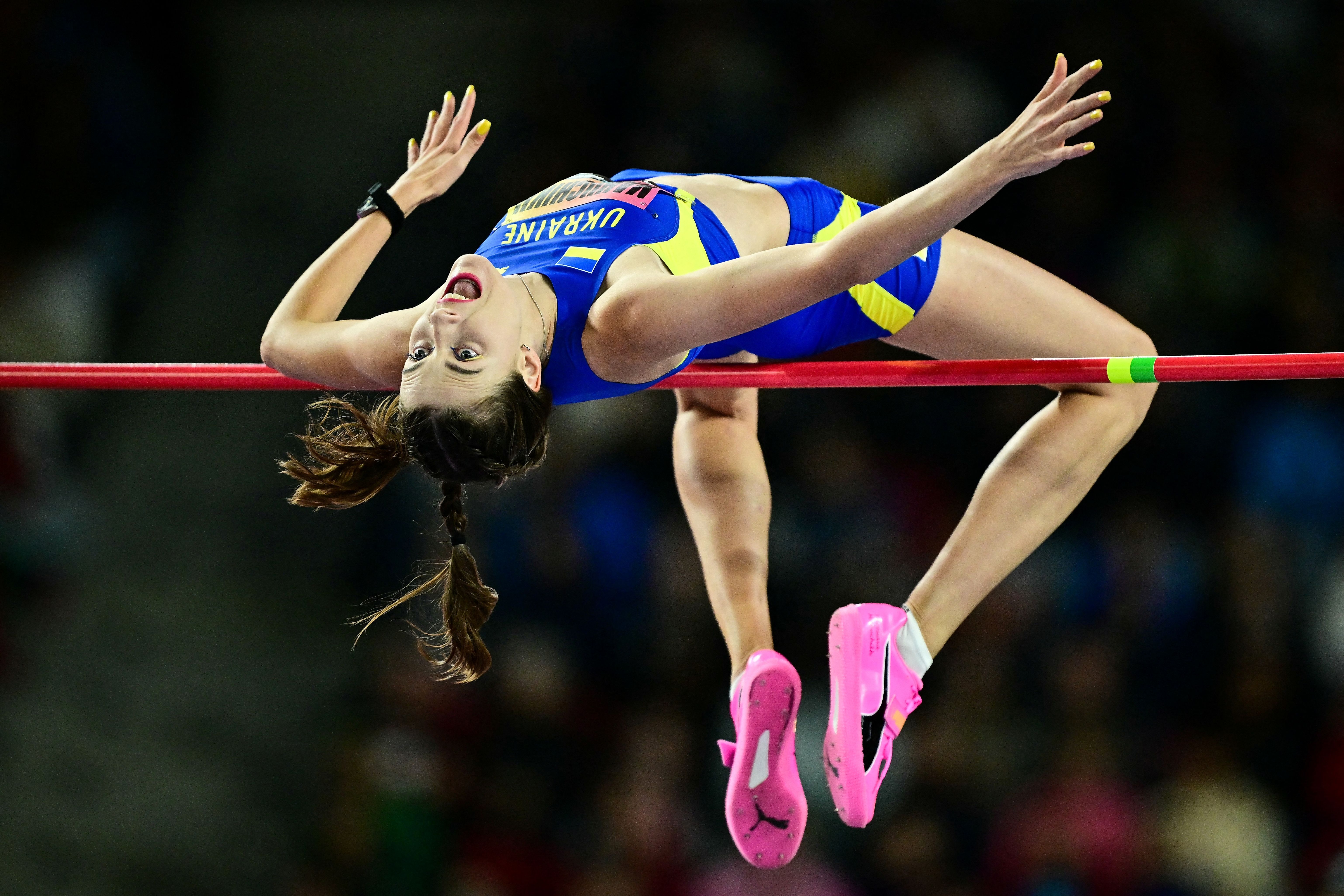 Ukraine's Yaroslava Mahuchikh competes in women's high jump final during the World Athletics Ultimate Championship at the Gyula Zsivotzky National Athletics Centre, in Budapest on September 11, 2026. (Photo by Ben STANSALL / AFP)