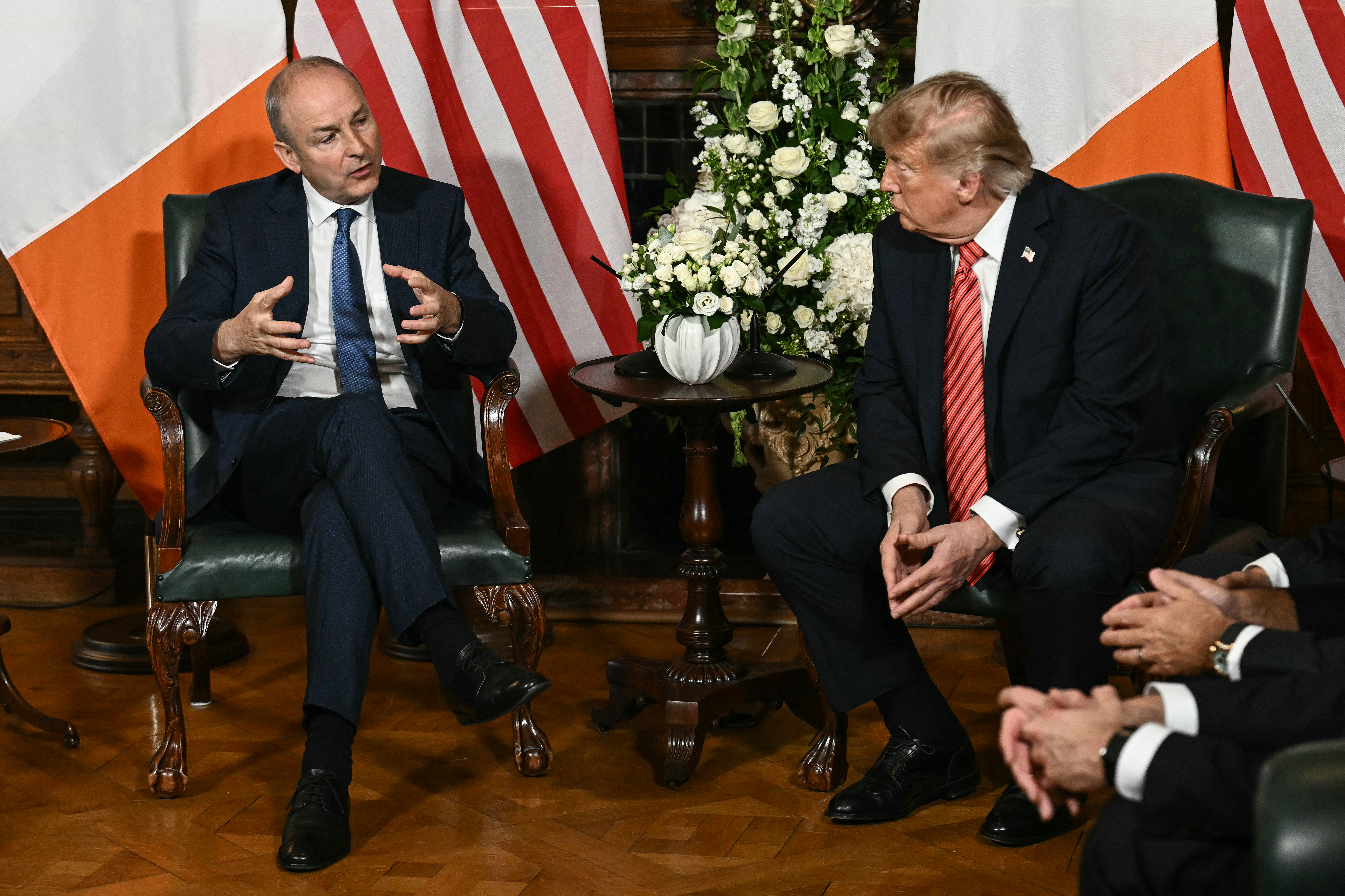US President Donald Trump (R) meets with Ireland's Prime Minister Micheál Martin (L) at Farmleigh House in Phoenix Park in the Irish capital Dublin on September 12, 2026.