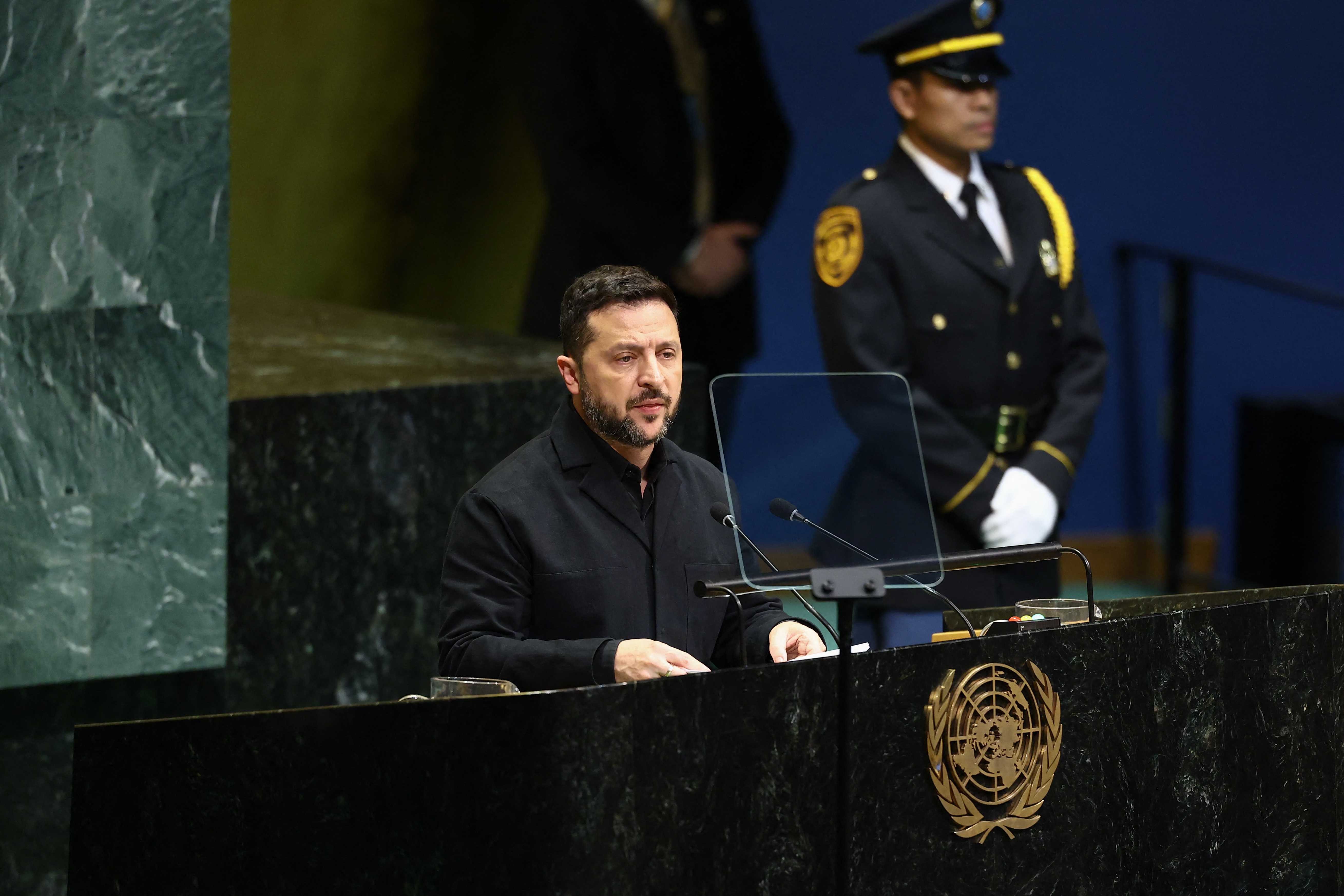 Ukraine's President Volodymyr Zelensky speaks during the 81st United Nations General Assembly at the United Nations Headquarters in New York, on September 23, 2026. (Photo by CHARLY TRIBALLEAU / AFP)