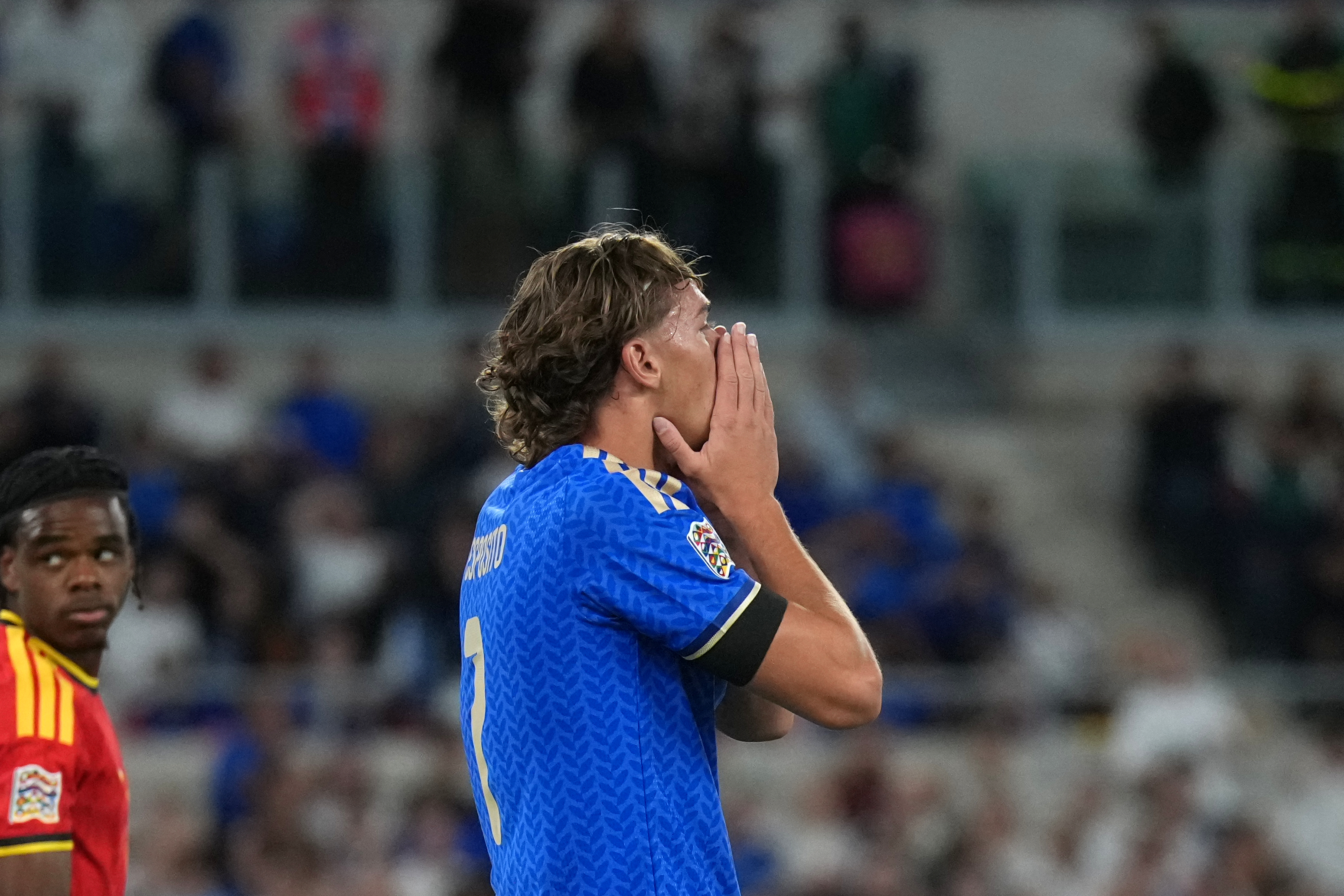 Italy's Pio Esposito reacts after failing to score during the Nations League soccer match between Italy and Belgium