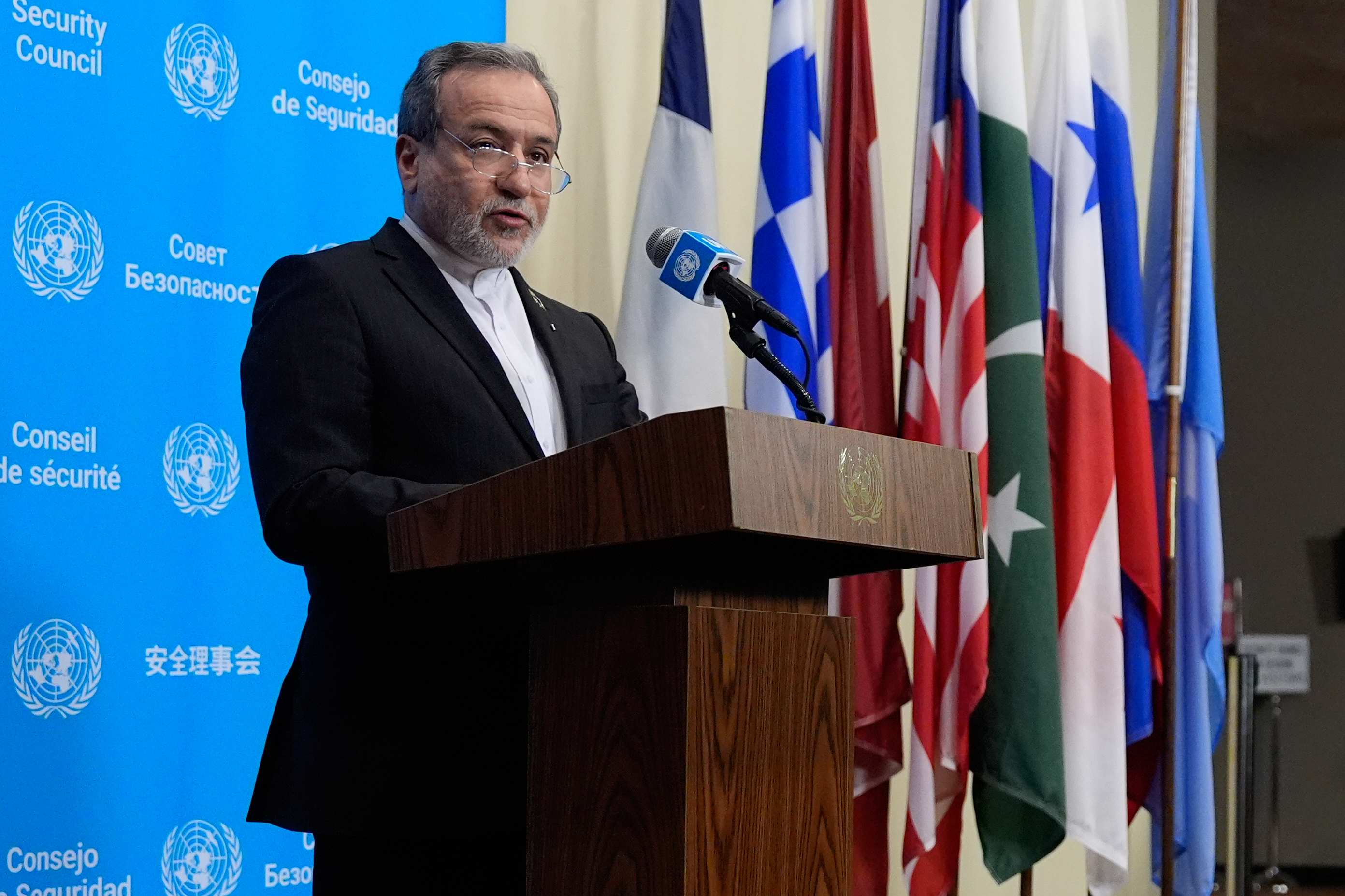 Iran's Foreign Minister Abbas Araghchi speaks to the media during the 81st session of the United Nations General Assembly at United Nations headquarters, Friday, September 25, 2026