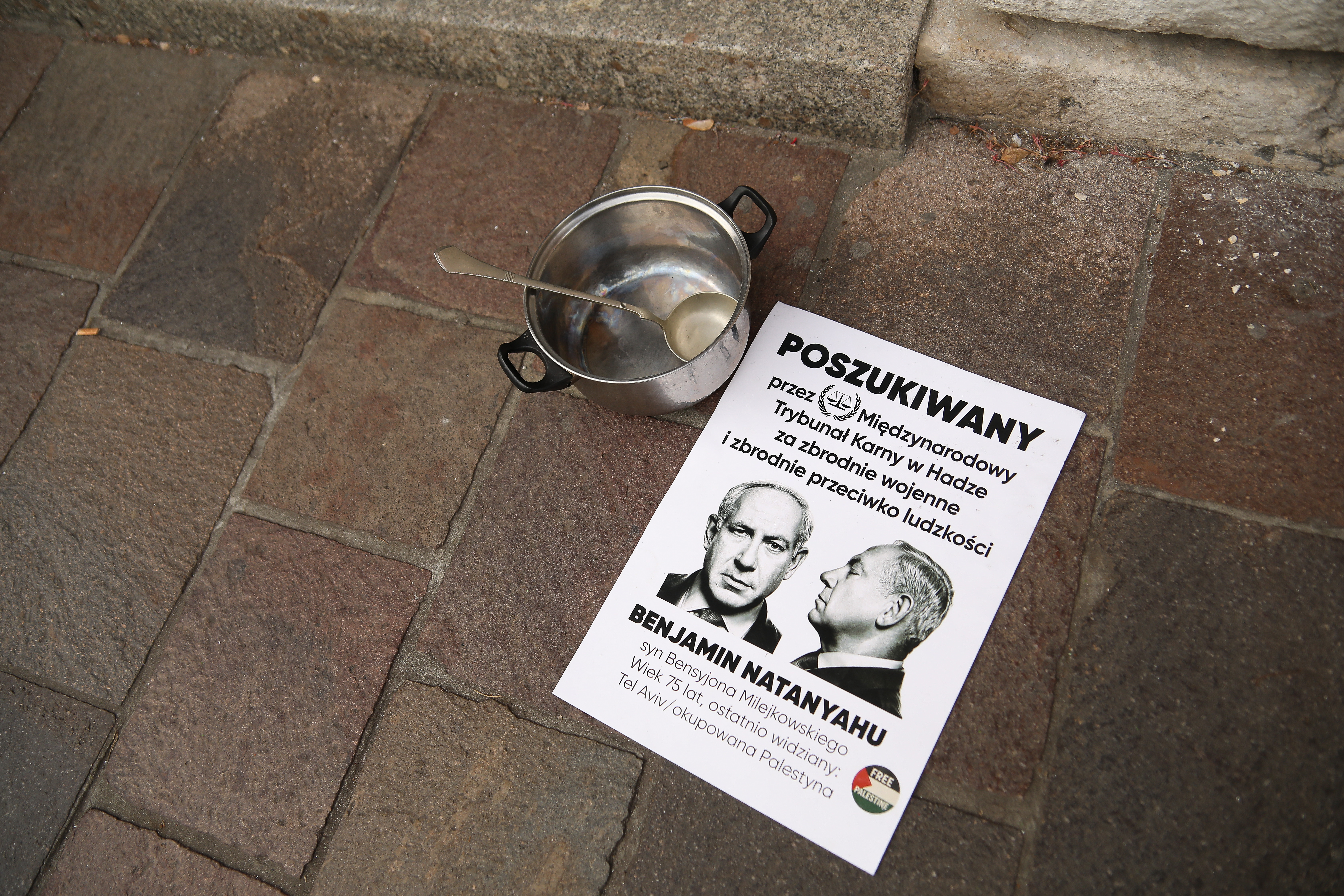 A poster announces that Benjamin Netanyahu is wanted by the International Criminal Court