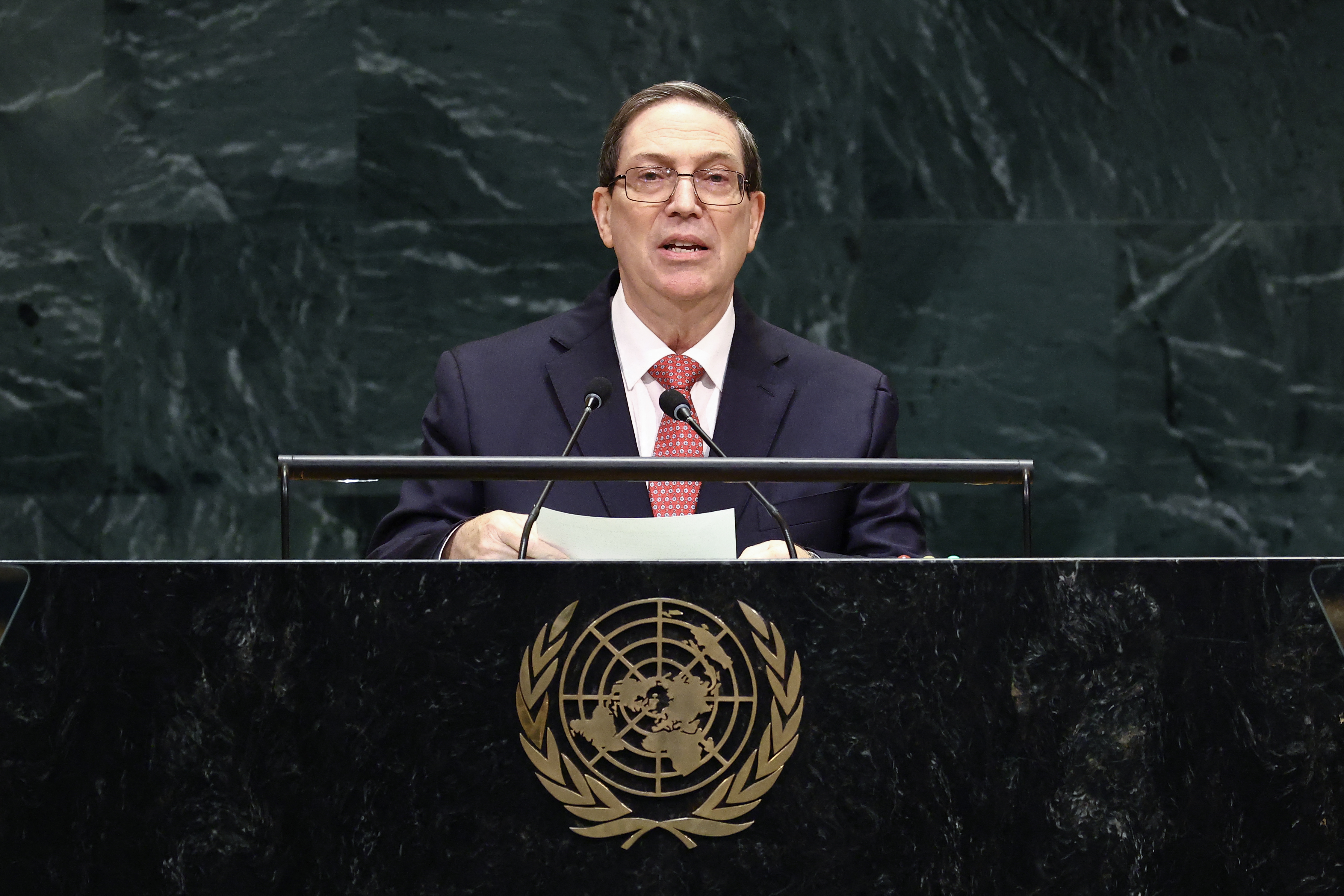 Cuba's Minister for Foreign Affairs Bruno Eduardo Rodríguez Parrilla speaks during the 81st United Nations General Assembly at UN headquarters in New York on September 26, 2026. (Photo by CHARLY TRIBALLEAU / AFP)