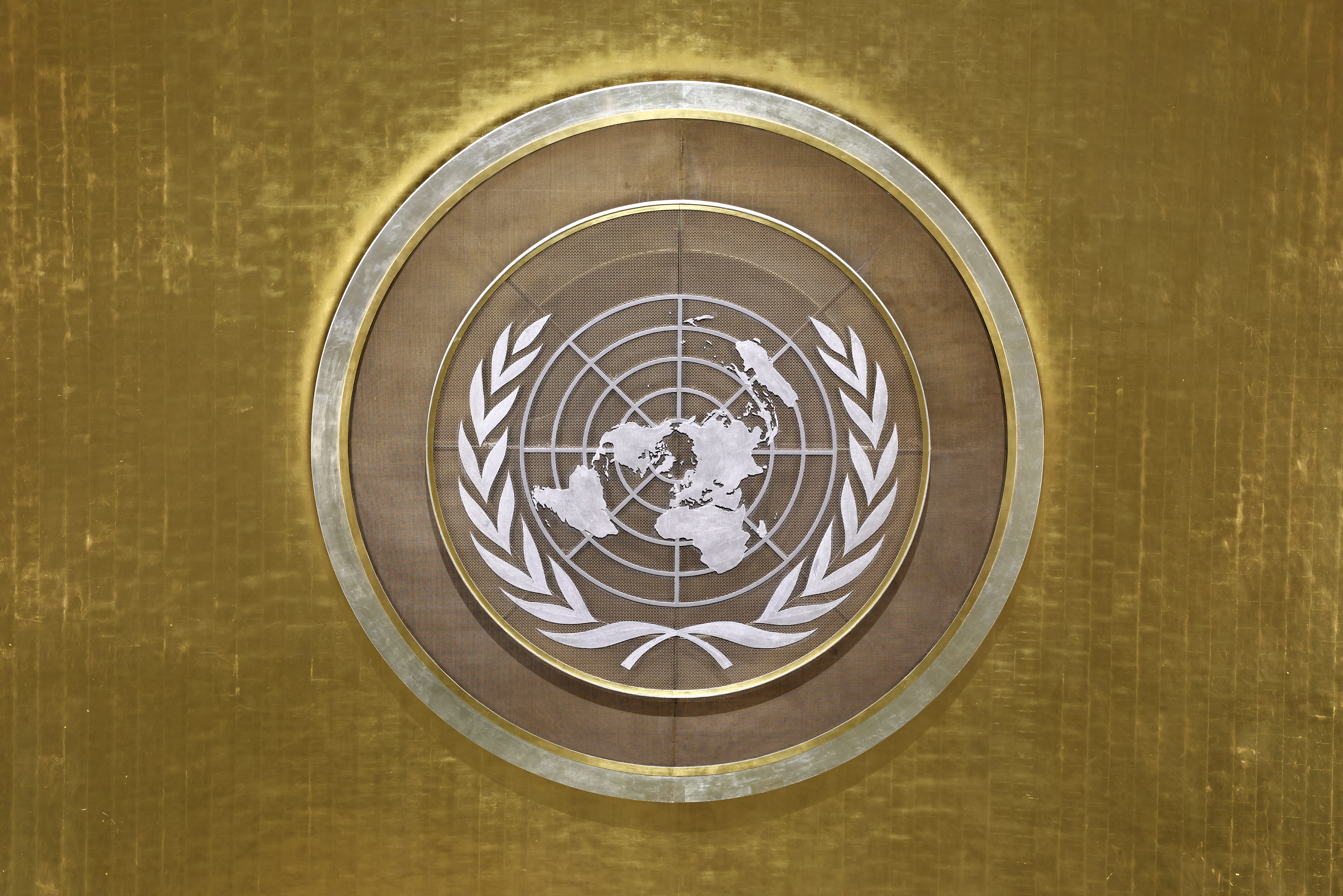 The UN logo is seen during the 81st United Nations General Assembly at UN headquarters in New York on September 26, 2026. (Photo by CHARLY TRIBALLEAU / AFP)