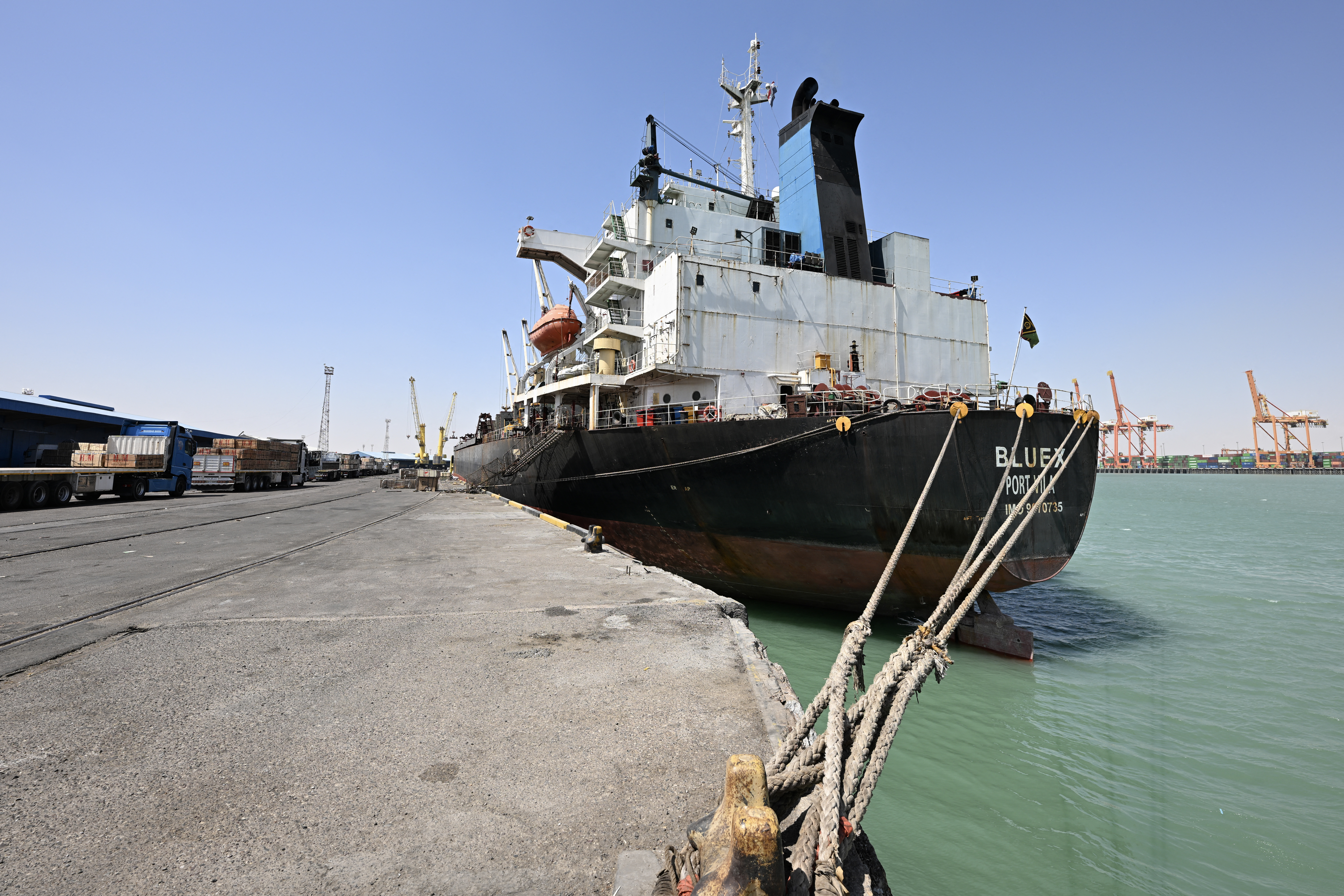 This photograph shows the bulk carrier Bluex docked at the port of Umm Qasr in southern Iraq on September 17, 2026.