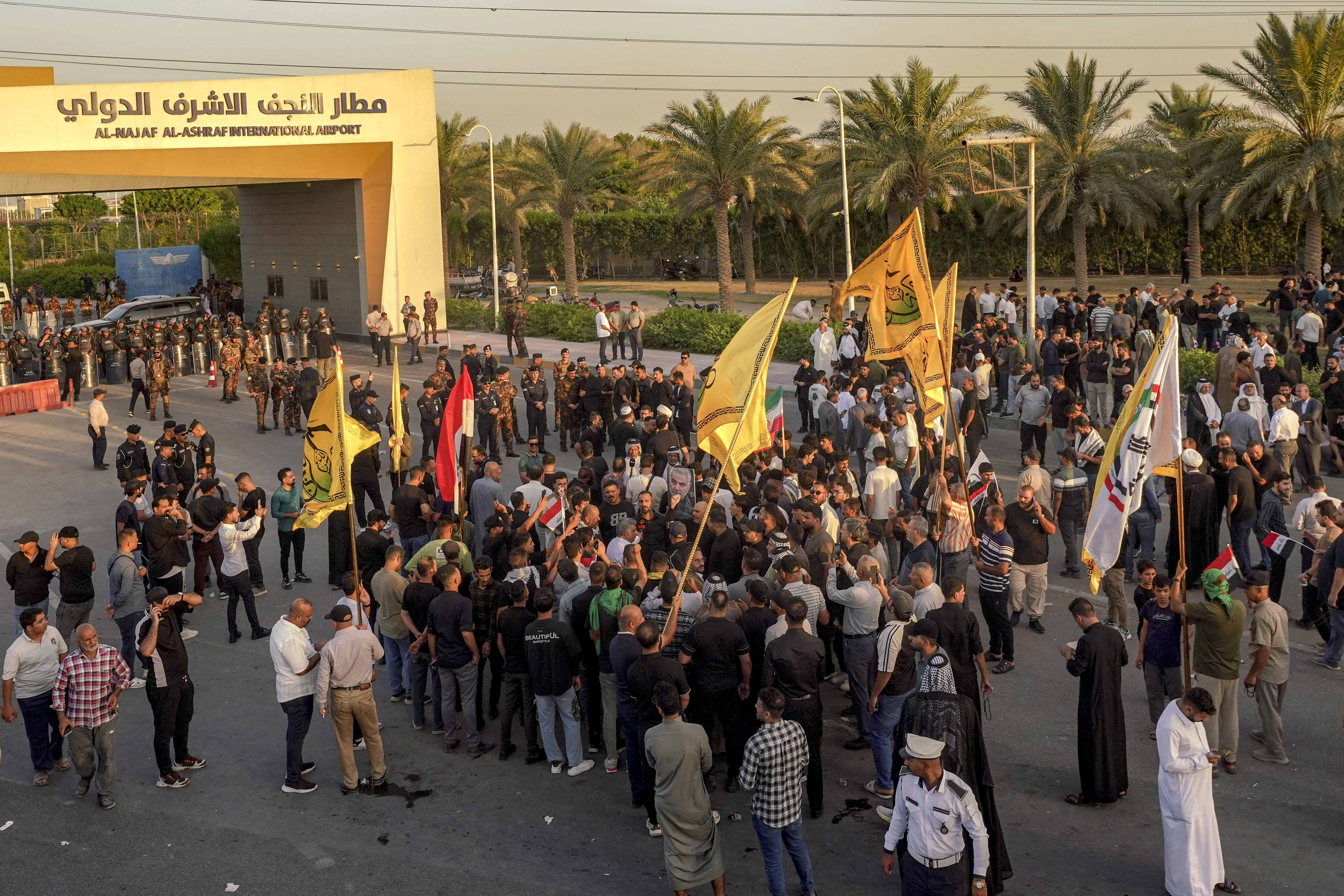 Demonstrators gather outside the Al-Najaf Al-Ashraf International Airport in Najaf on September 28, 2026, demanding the facility to be reopened for flights from Iran.