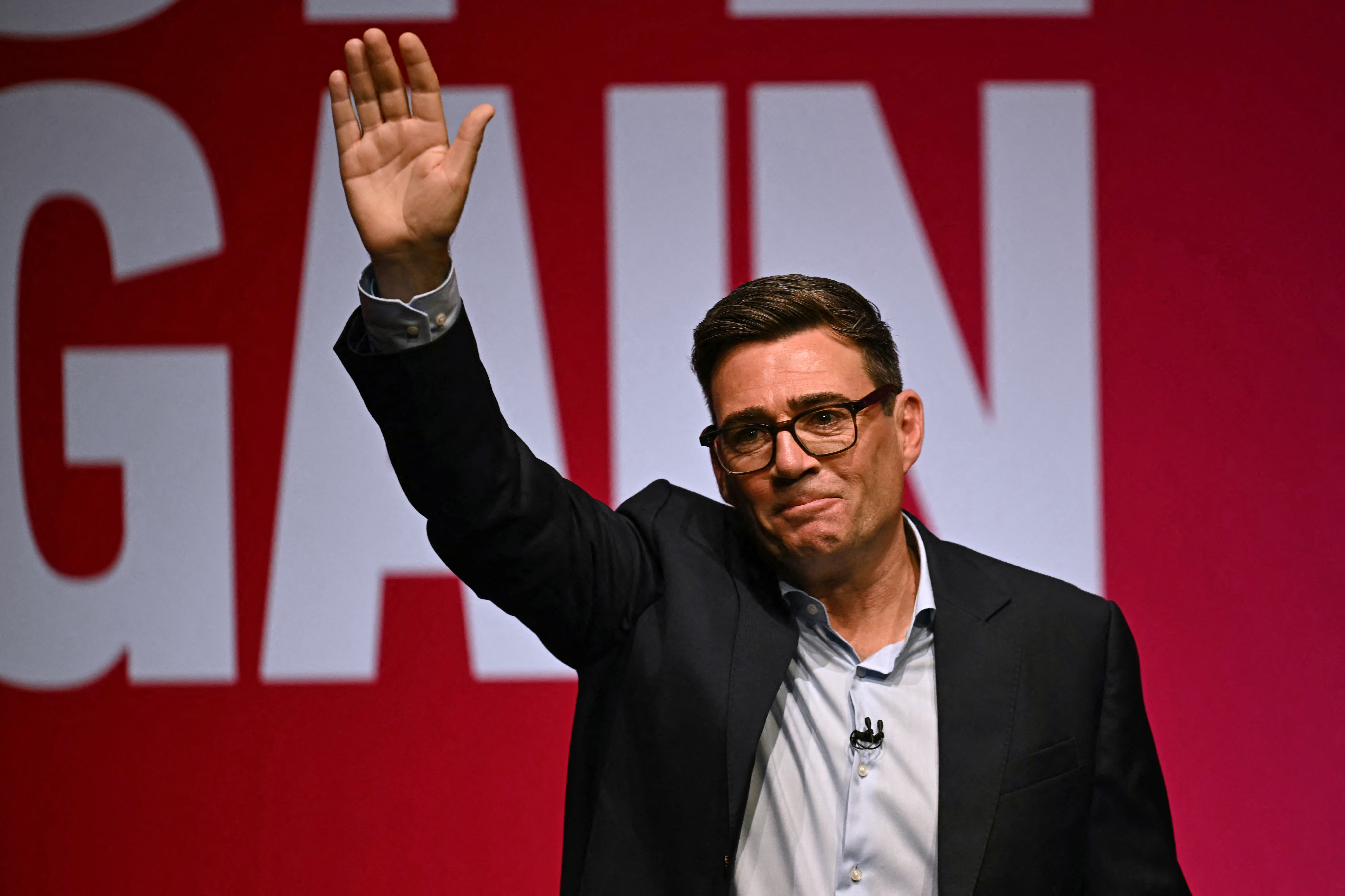Britain's Prime Minister Andy Burnham gestures after delivering a speech on the third day of the annual Labour Party conference in Liverpool, north-west England, on September 29, 2026.