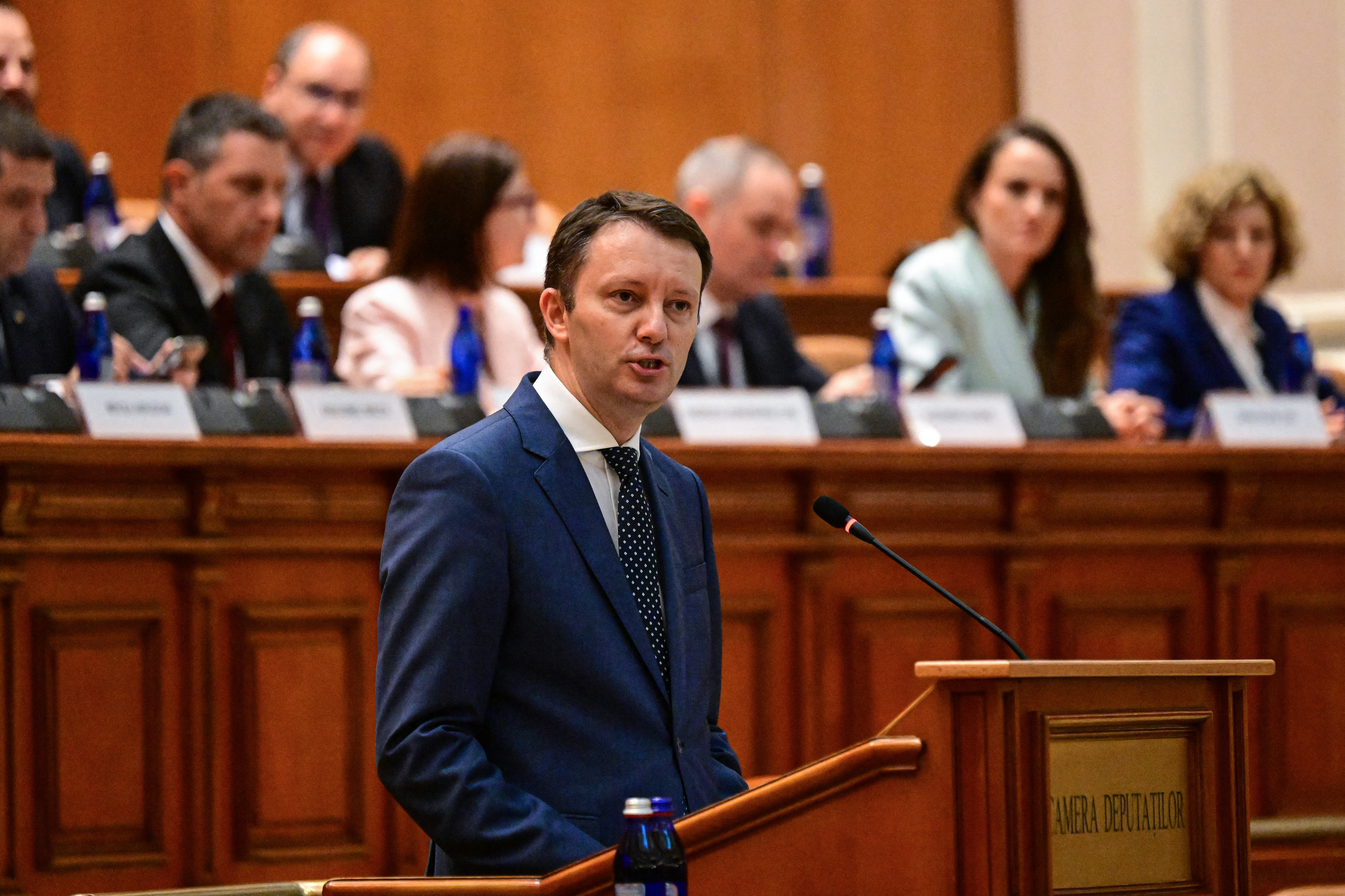 Nominee for prime minister Siegfried Muresan addresses delegates of the Romanian Parliament prior to a vote at the parliament in Bucharest, Romania, on September 30, 2026.