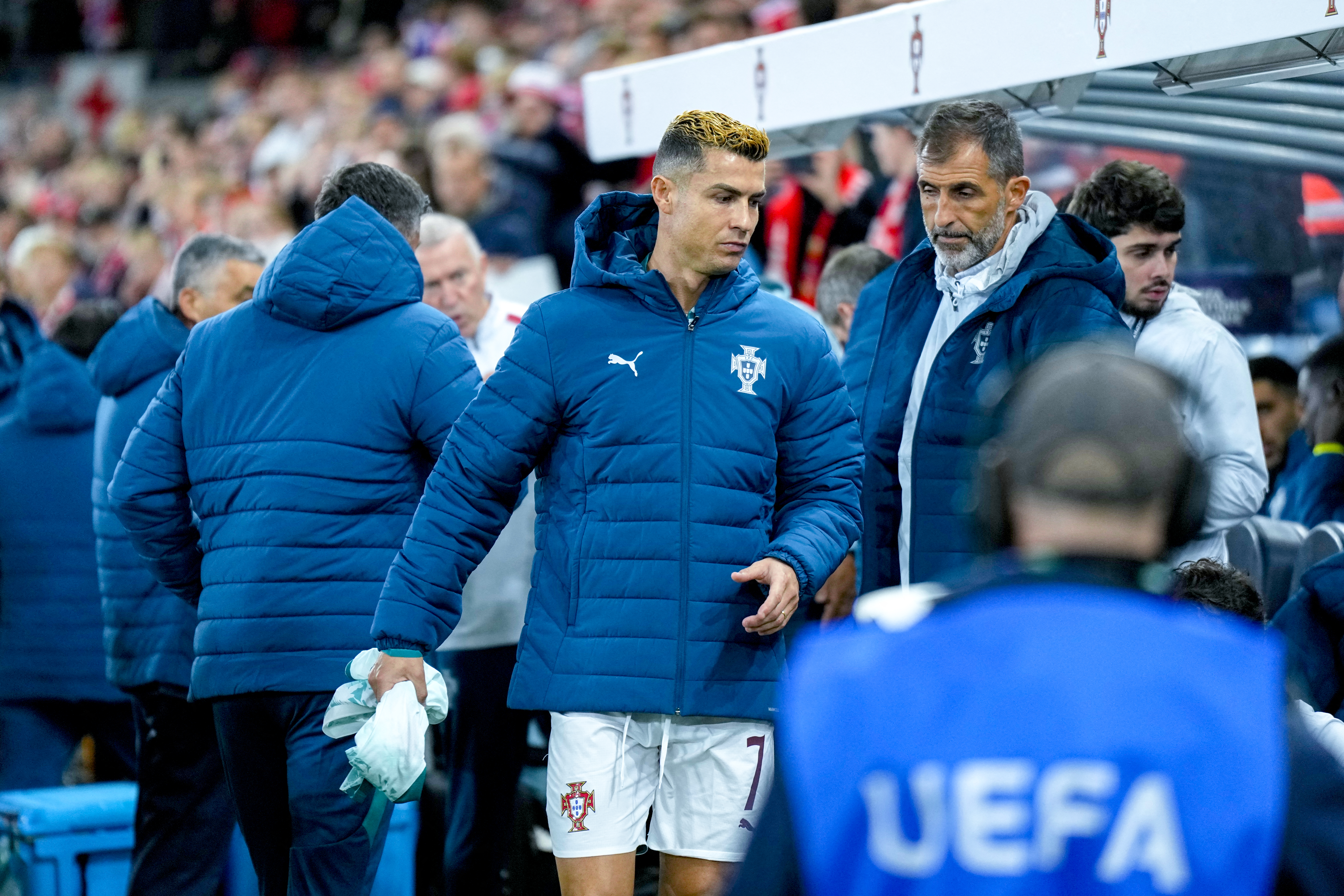 Portugal's forward #07 Cristiano Ronaldo walks to the bench ahead the UEFA Nations League Group A4 football match between Norway and Portugal in Oslo on September 27, 2026. (Photo by Cornelius Poppe / NTB / AFP) / NORWAY OUT