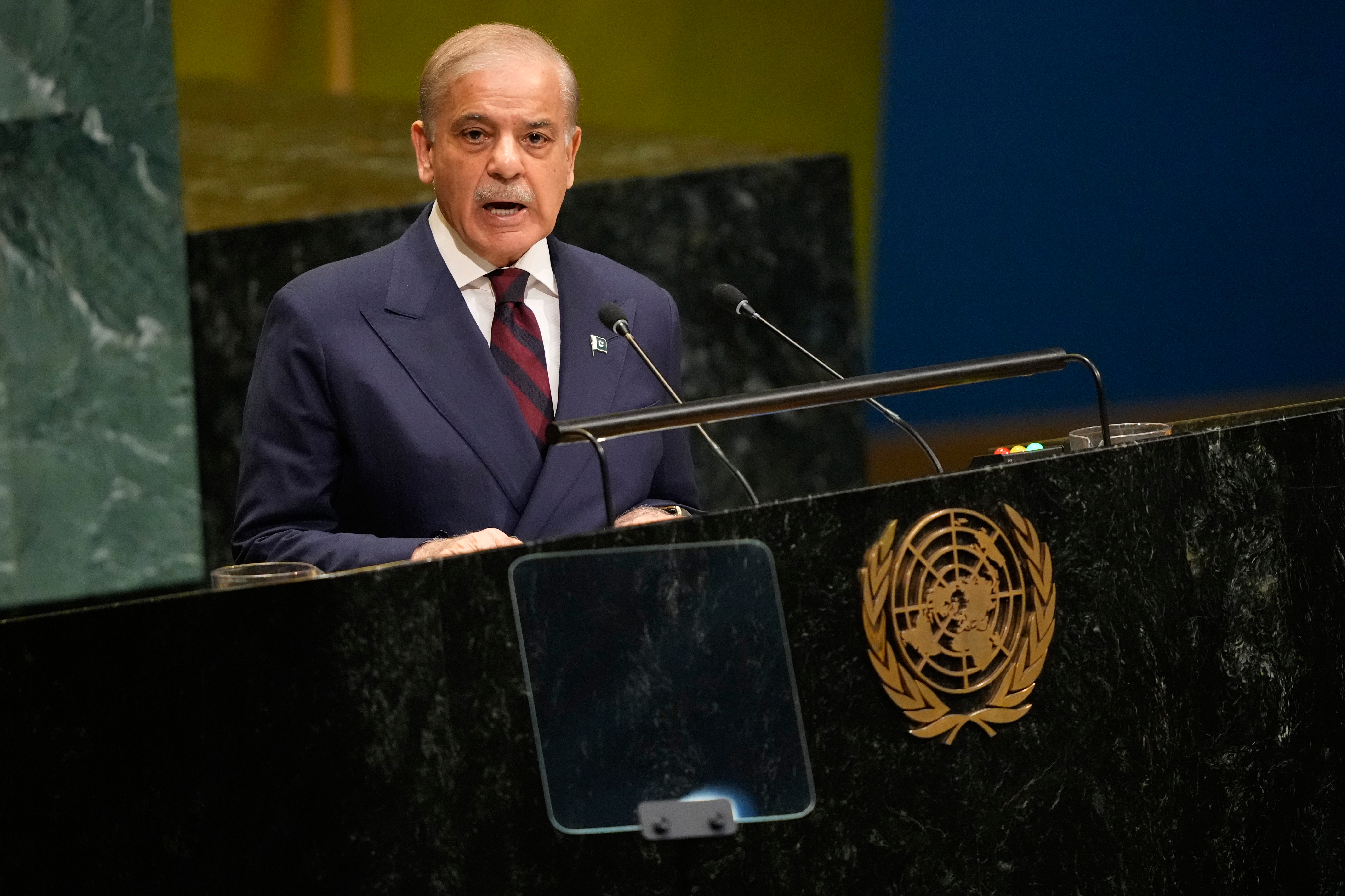 Pakistan's Prime Minister Muhammad Shehbaz Sharif speaks during the 81st session of the United Nations General Assembly at United Nations headquarters, Friday, Sept. 25, 2026. (AP Photo/Yuki Iwamura)