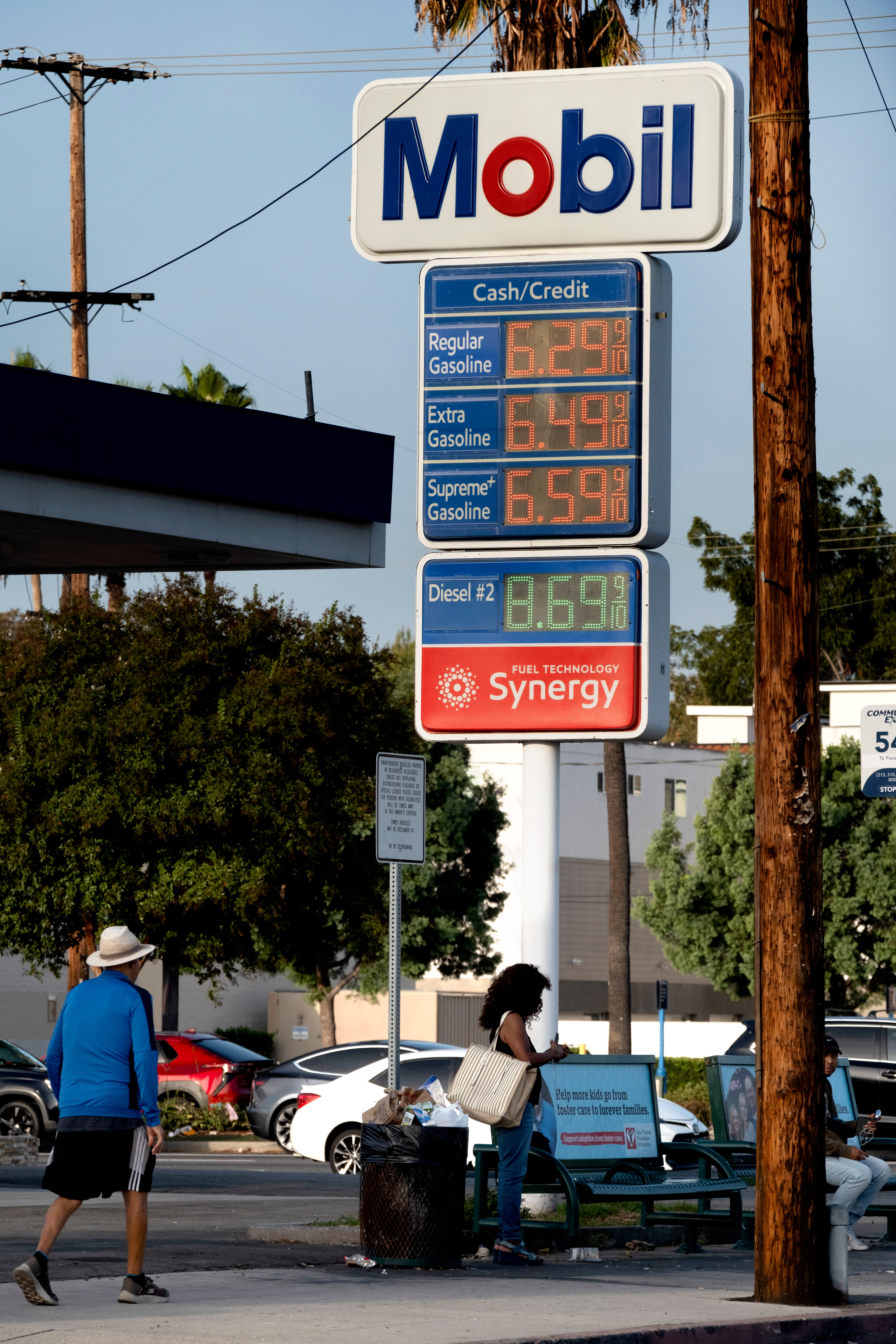 Gas and diesel prices are displayed at a Mobil station, Tuesday, Sept. 22, 2026, in Los Angeles. (AP Photo/Richard Vogel)