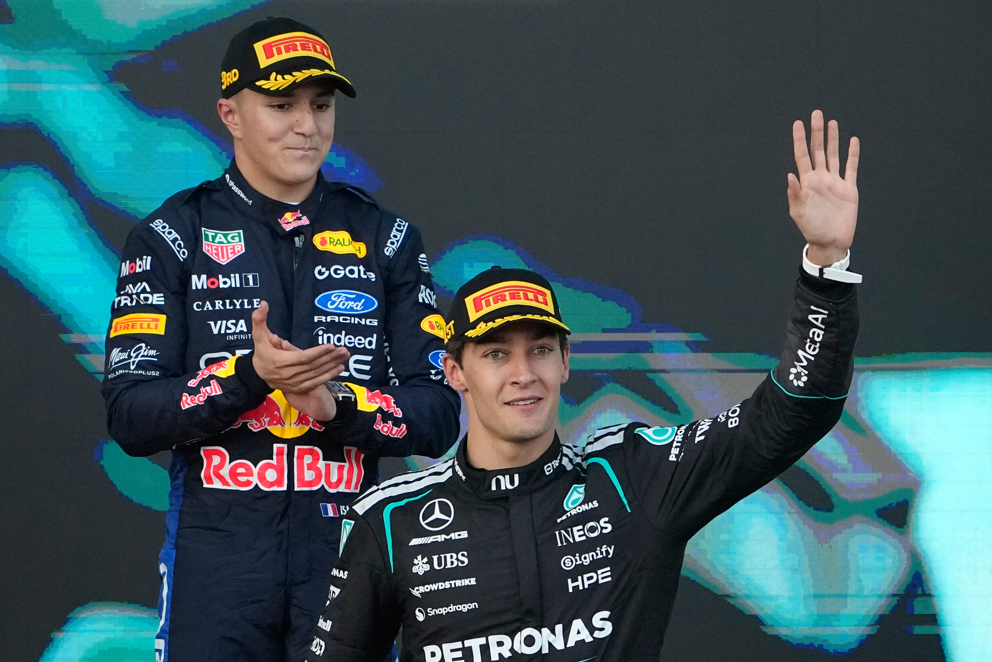 Mercedes driver George Russell of Britain celebrates after winning the Azerbaijan F1 Grand Prix auto race, in Baku, Azerbaijan, Saturday, Sept. 26, 2026. (AP Photo/Darko Bandic)