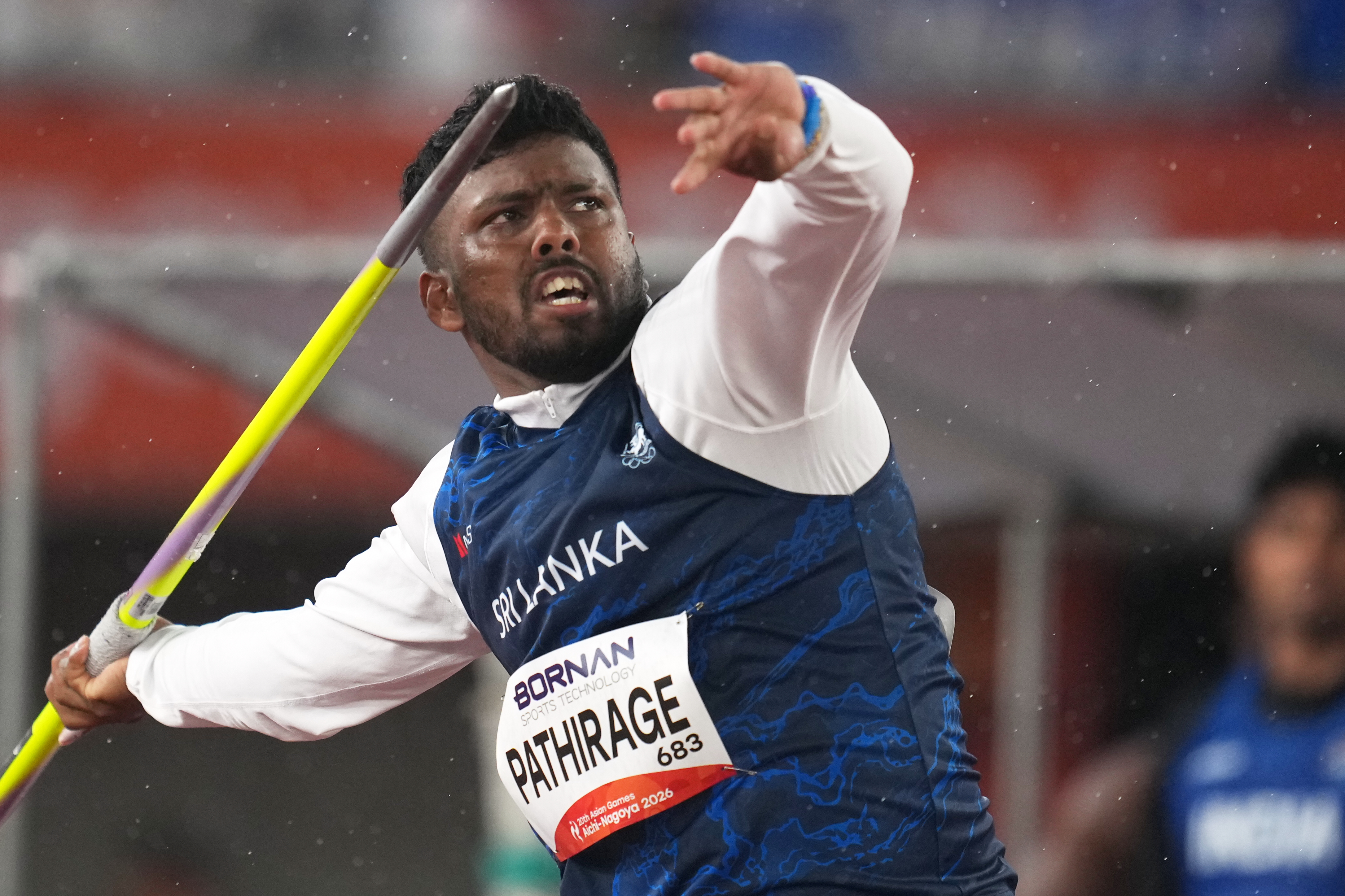 Sri Lanka's Rumesh Pathirage competes in the men's javelin throw final at the Asian Games in Nagoya, Japan, Monday, Sept. 28, 2026. (AP Photo/Lee Jin-man)