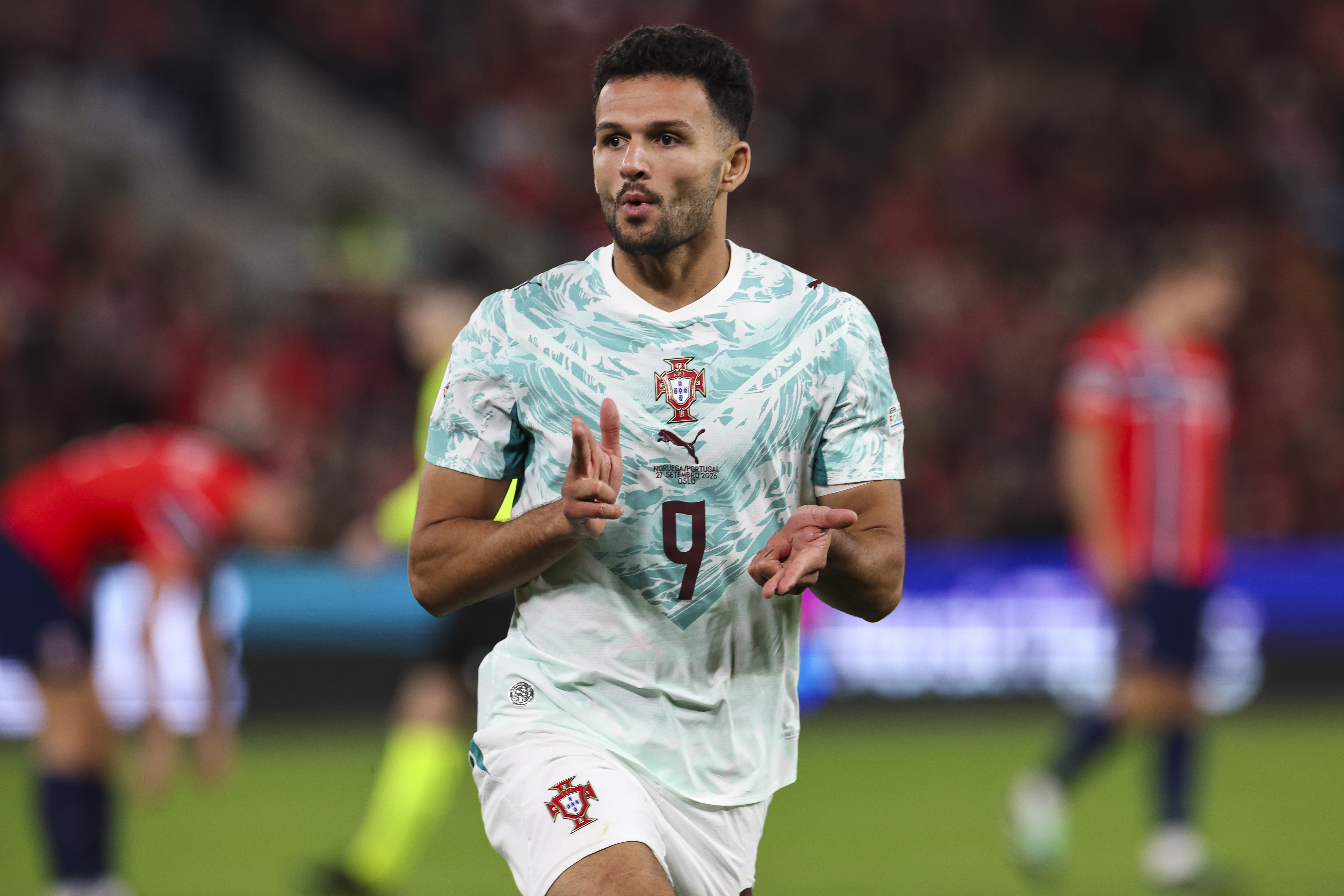 epa13267237 Portugal's Goncalo Ramos celebrates scoring a goal during the UEFA Nations League soccer match between Norway and Portugal at Ullevaal Stadium in Oslo, Norway, 27 September 2026. EPA/PAULO NOVAIS