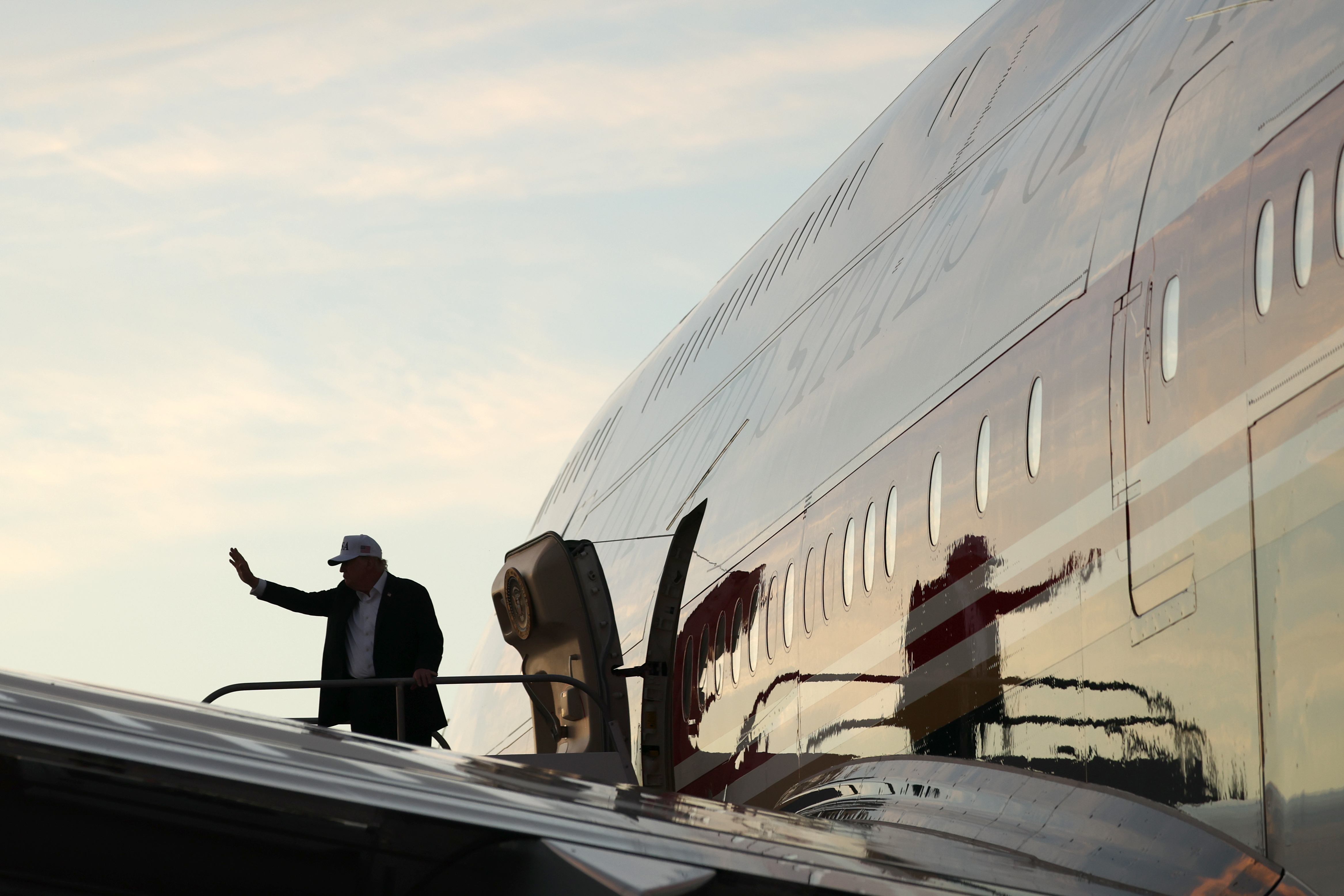 US President Donald Trump boards Air Force One at Shannon Airport after attending the final day of the Irish Open on September 13, 2026 in Shannon, Ireland. [Anna Moneymaker/Getty Images]