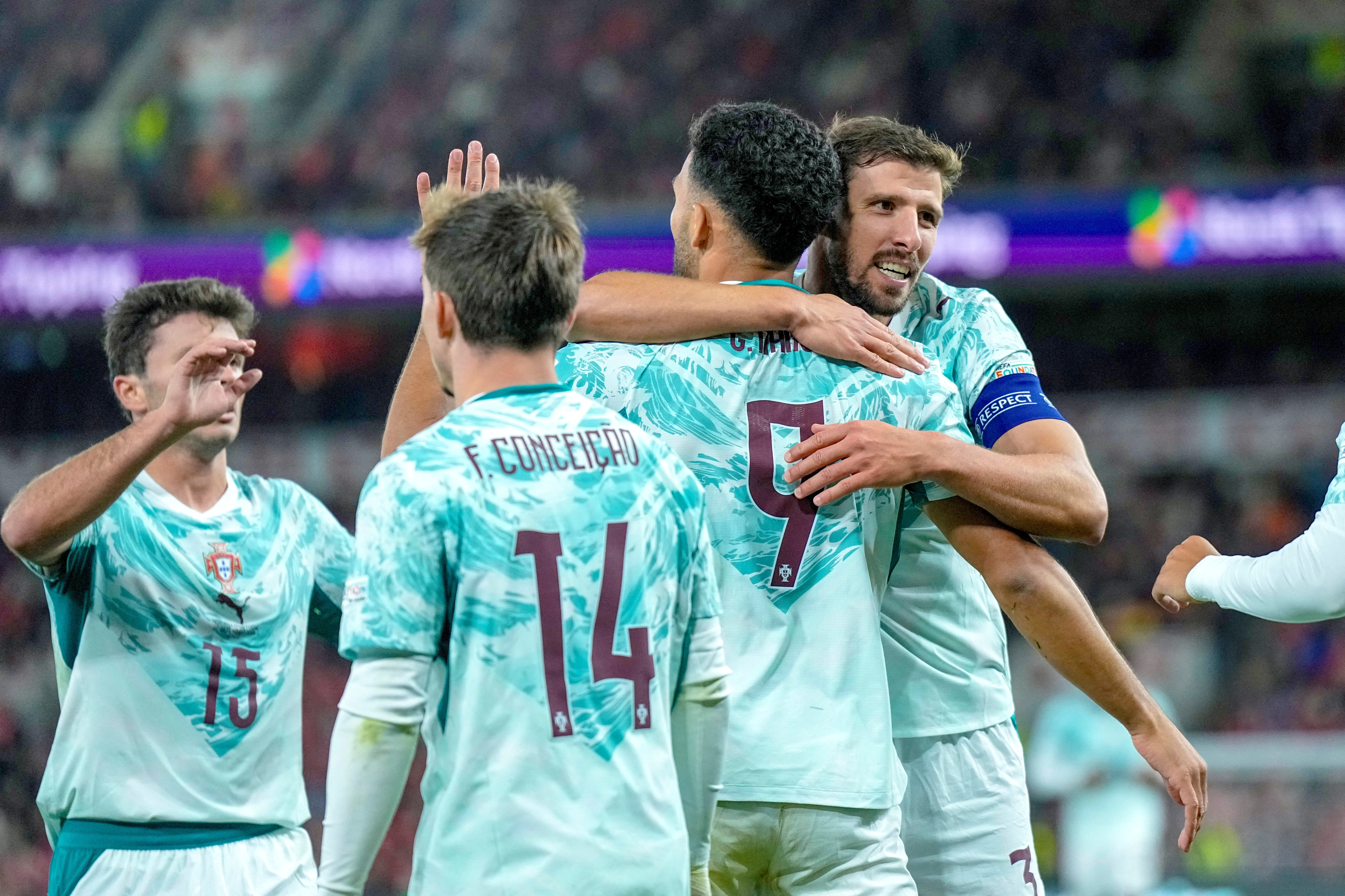 Soccer Football - Nations League - Group A4 - Norway v Portugal - Ullevaal Stadion, Oslo, Norway - September 27, 2026 Portugal's Goncalo Ramos celebrates scoring their second goal with Ruben Dias, Francisco Conceicao and Joao Neves Cornelius Poppe/NTB via REUTERS ATTENTION EDITORS - THIS IMAGE WAS PROVIDED BY A THIRD PARTY. NORWAY OUT. NO COMMERCIAL OR EDITORIAL SALES IN NORWAY.