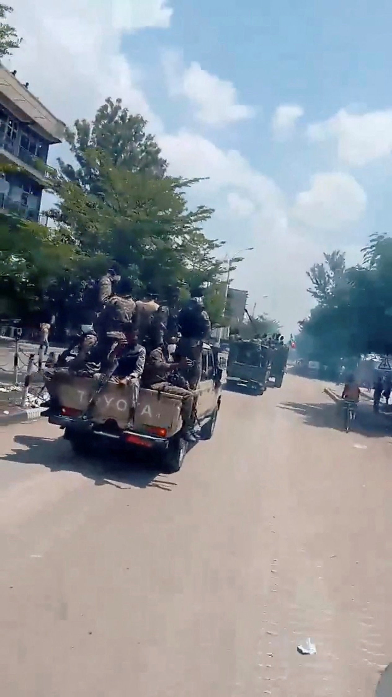 Vehicles carrying armed men drive along a street in Alamata, Ethiopia, after a pro-government militia said that Ethiopia's military and allied militiamen had captured the town, in this screengrab from a social media video released on September 28, 2026. SOCIAL MEDIA/via REUTERS THIS IMAGE HAS BEEN SUPPLIED BY A THIRD PARTY. NO RESALES. NO ARCHIVES. Verification Lines: Reuters verified the location from the buildings, trees and road layout which matched satellite imagery. Coordinates: 12.41527995284219, 39.55933110939185. The date when the video was filmed and the exact identity of the armed men could not be verified. However, a pro-government militia said on Monday that Ethiopia's military and allied militiamen captured the town of Alamata. No older versions of the video found posted online before September 28.