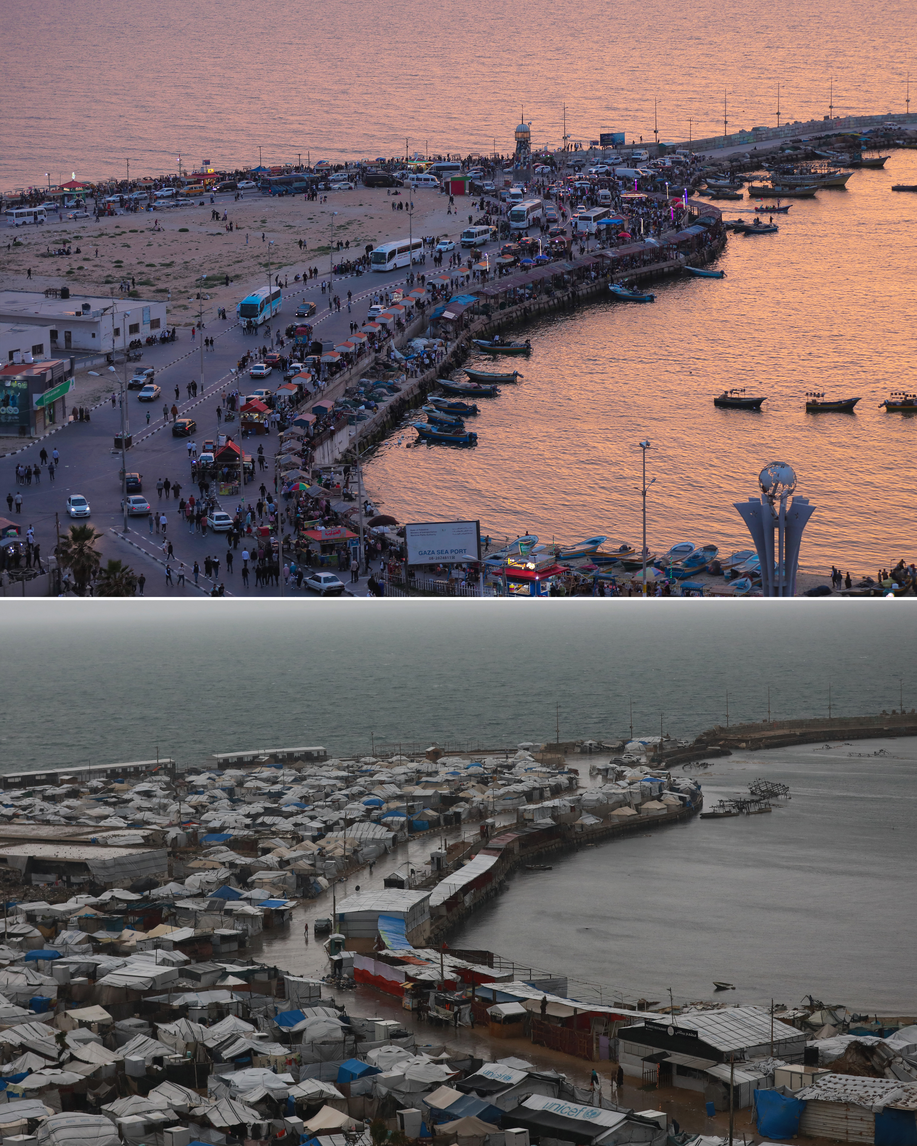 Gaza’s port was once a gathering place for fishermen and residents, with boats and cafes along the Mediterranean. The war destroyed or damaged many fishing boats, turning the port into a crowded shelter for displaced Palestinians. [Abdelhakim Abu Riash/Al Jazeera]