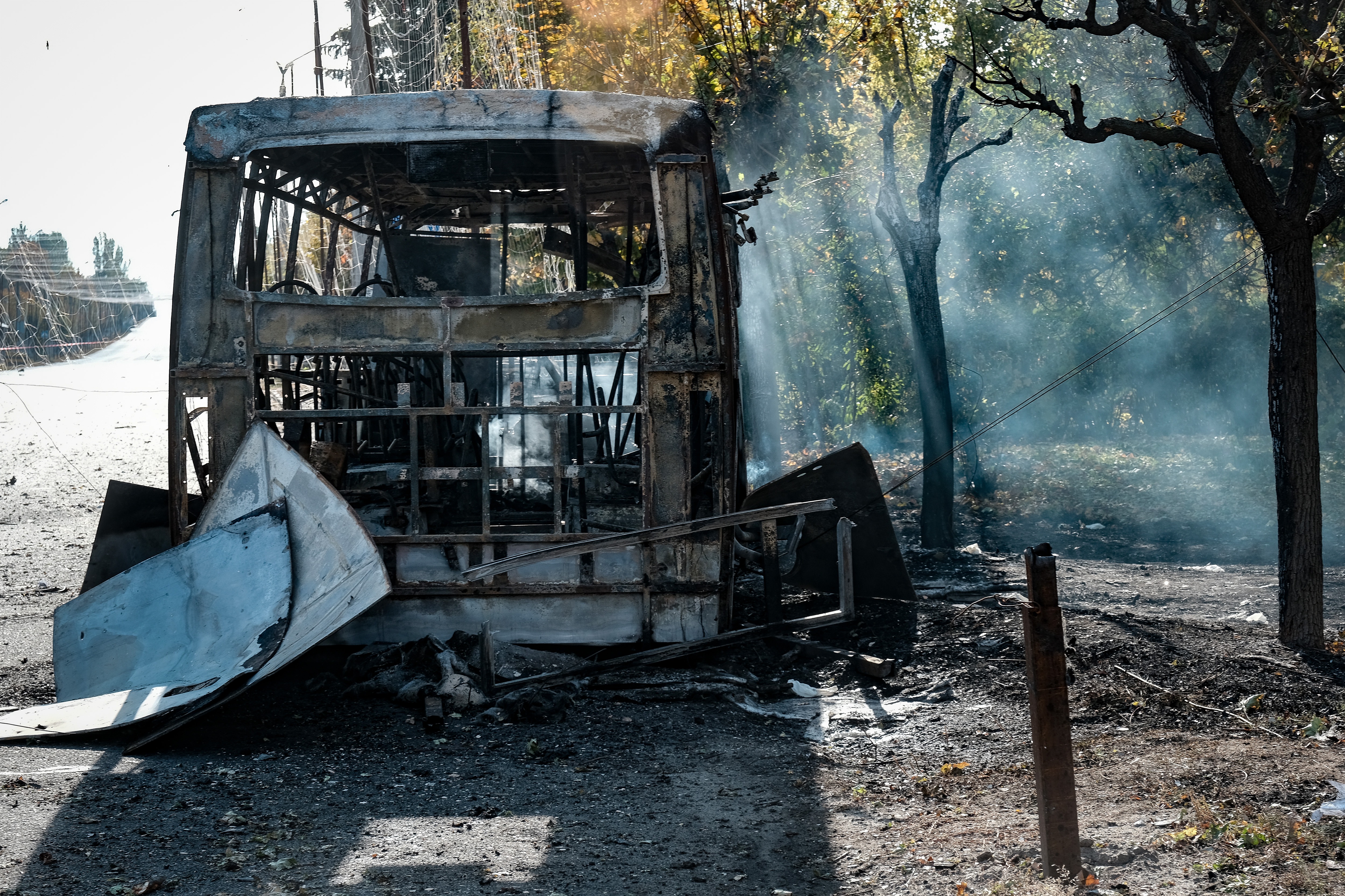 epa13289406 The wreckage of a bus following a Russian missile strike in the eastern city of Kramatorsk, Ukraine, 08 October 2026. Over 30 people were killed n one of the worst attacks by Russia on Ukrainian civilians this year, officials said on Thursday. EPA/MARIA SENOVILLA