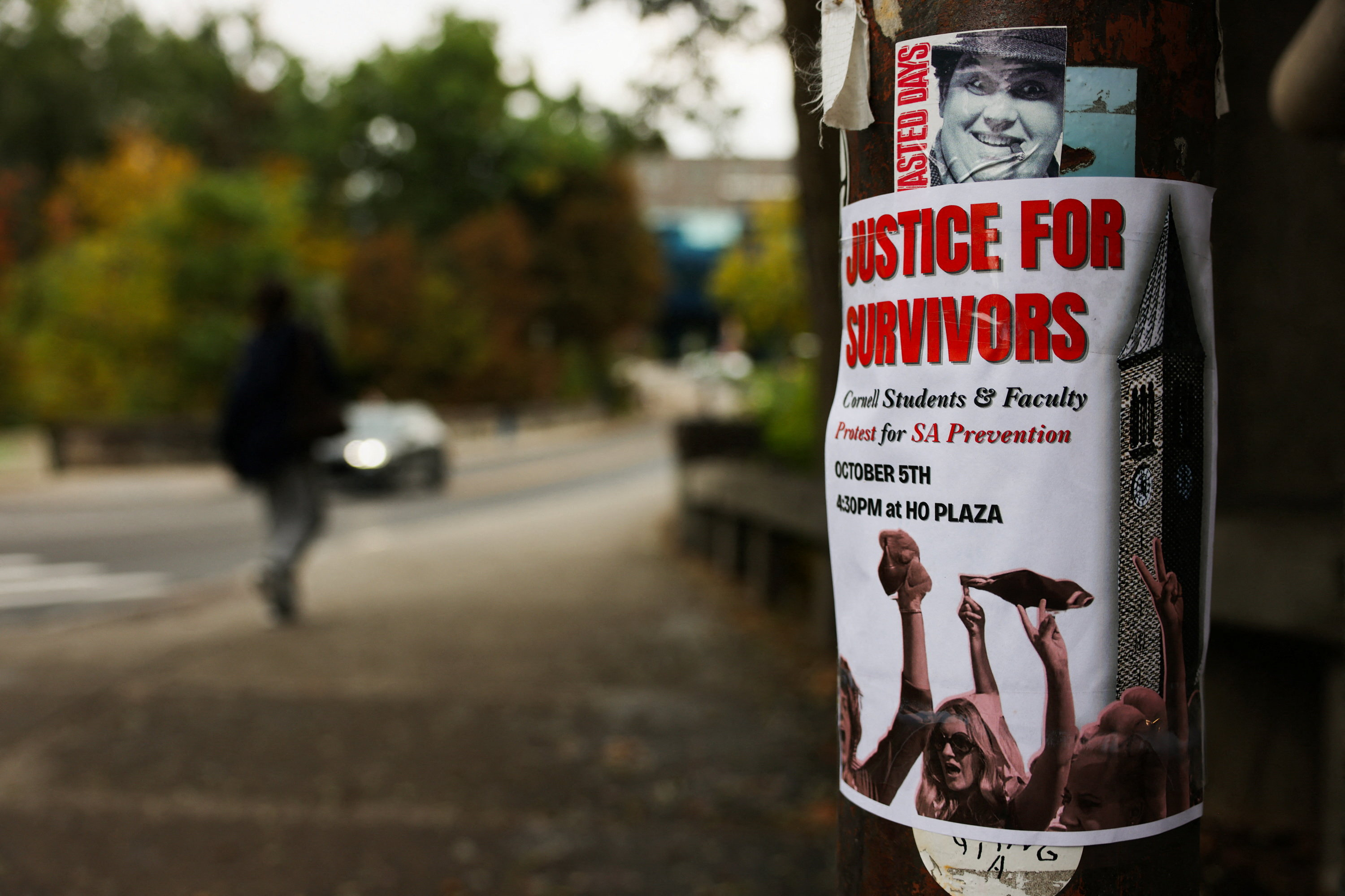 A poster advertising an upcoming protest for sexual assault prevention hangs on a post at Cornell University amid the Chi Phi Lawsuit, in Ithaca, New York, US, October 1, 2026. REUTERS/Lauren Petracca